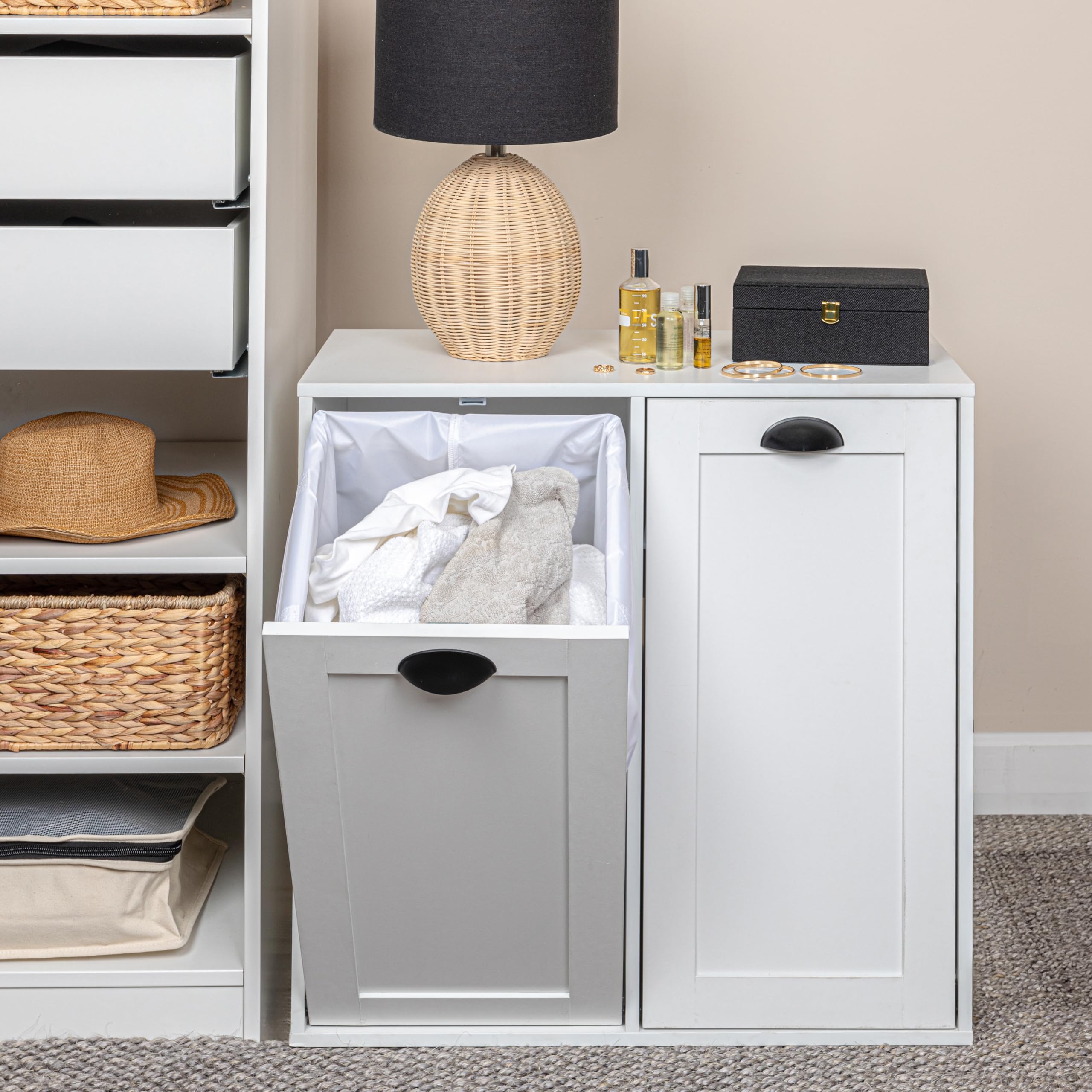 Scandinavian White Laundry Sorter Cabinet - 3-Bag Hamper with Wheels for Bedroom, Closet & Laundry Room Organization | Space-Saving Storage Solution for Towels, Clothes & Linens
