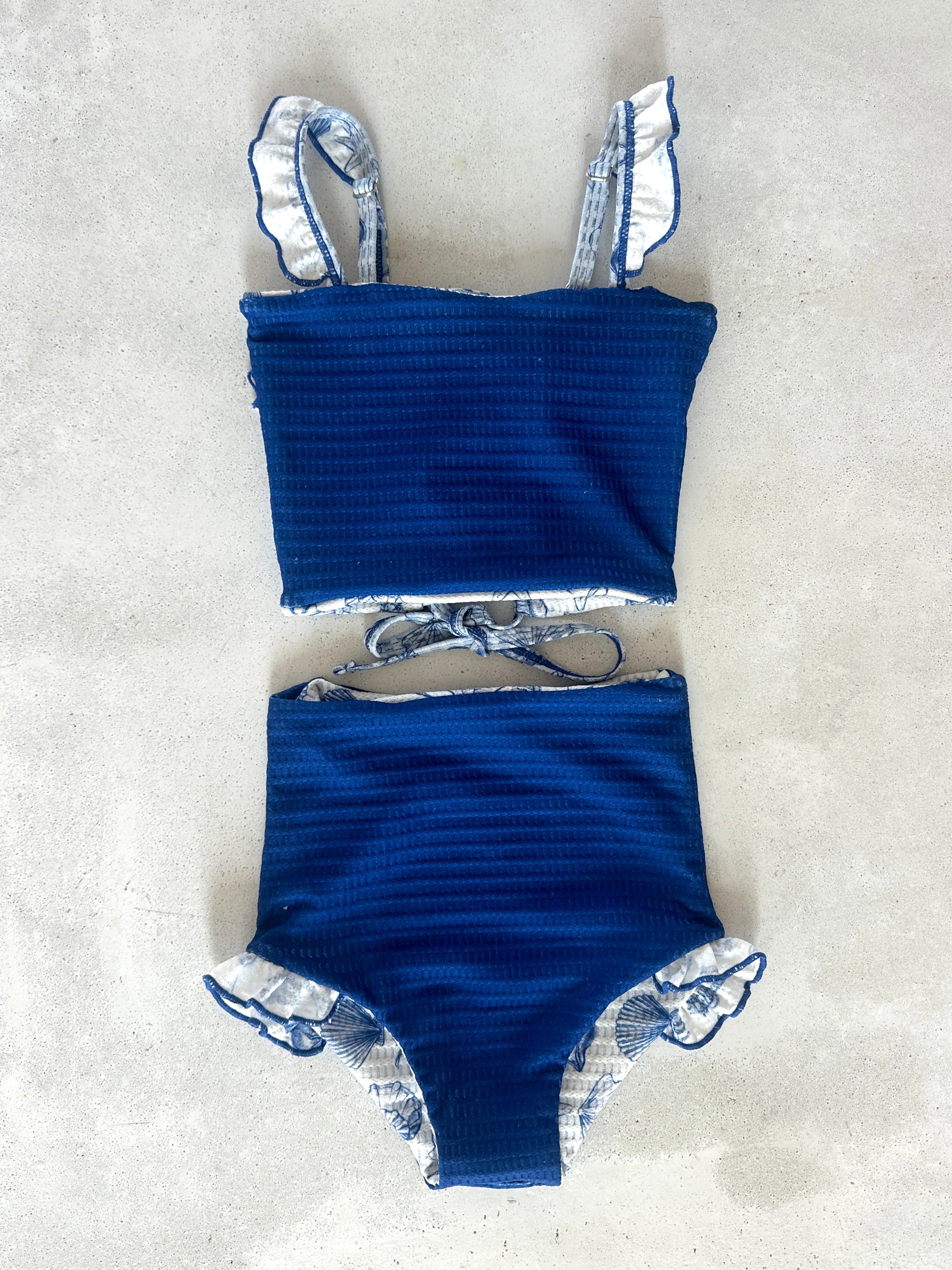 Girls Reversible Tankini Swimsuit - 2-in-1 Saylor Style Swimwear for Kids, Beach & Pool Party Outfit, Sun Protection UV Rash Guard Bikini Top & Bottom Set