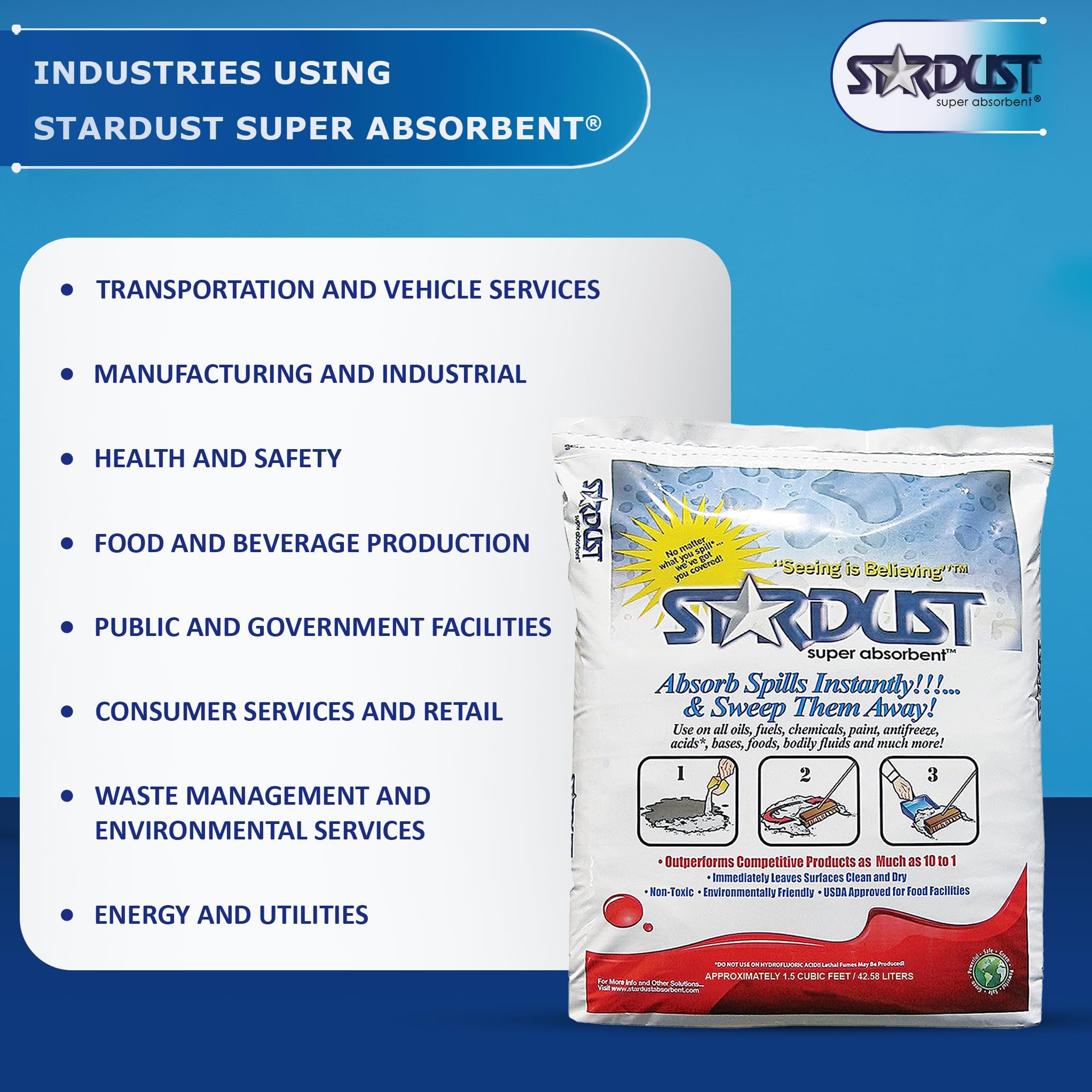 Premium 1.5 Cu.Ft. Stardust Absorbent Powder Bag - Oil & Liquid Spill Cleanup, Non-Toxic Floor Dry Absorbent for Garages, Workshops & Industrial Use - Fast-Acting Spill Absorber Solution for Oil, Chemicals & Water