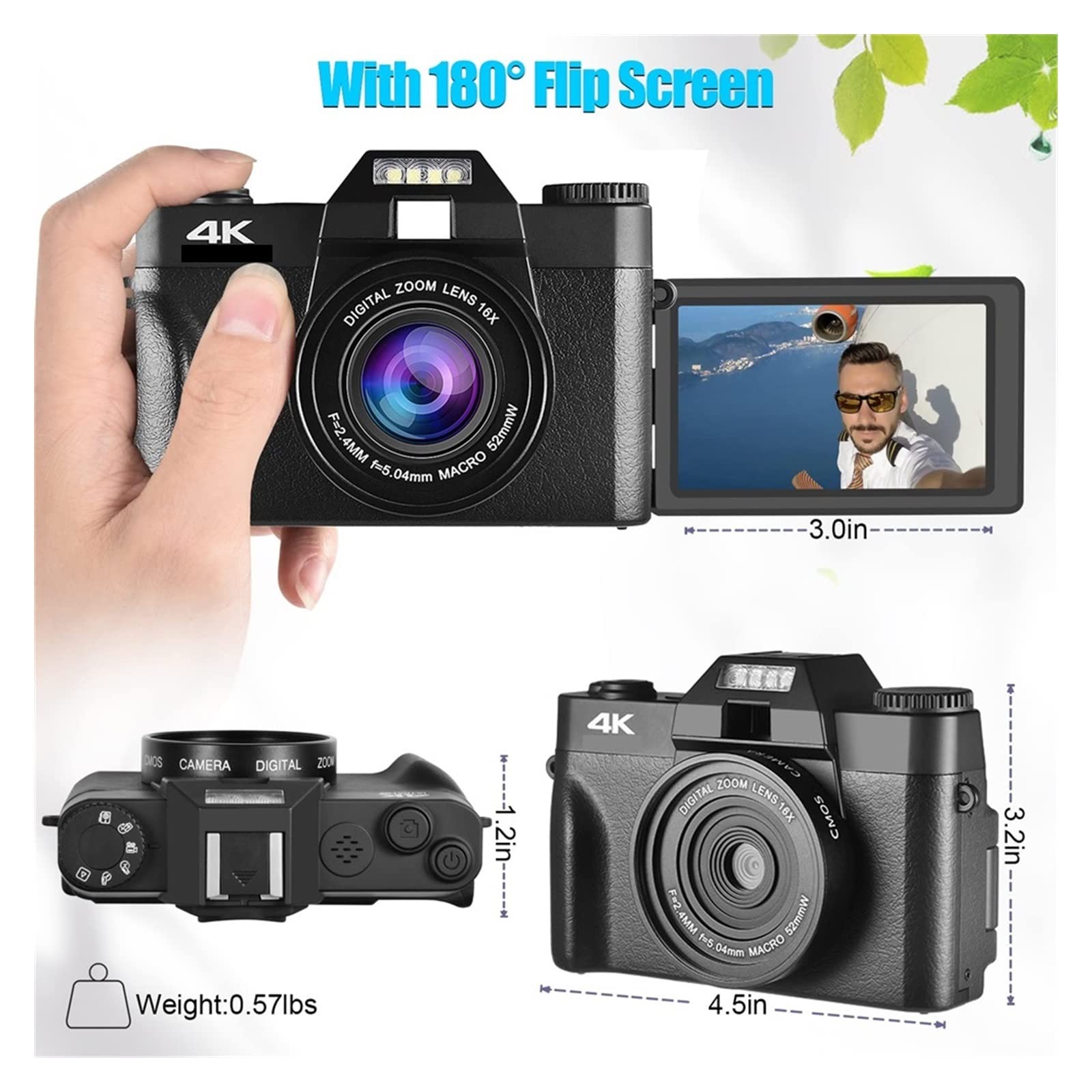 BODORME 48MP 4K Digital Camera with Flip Screen & 16X Zoom for Photography & Streaming