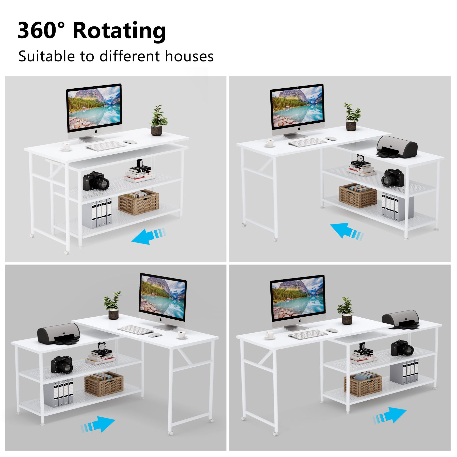 360° Rotating L-Shaped Computer Desk with Storage Shelves - Modern Home Office Workstation for Small Spaces, Gaming & Study