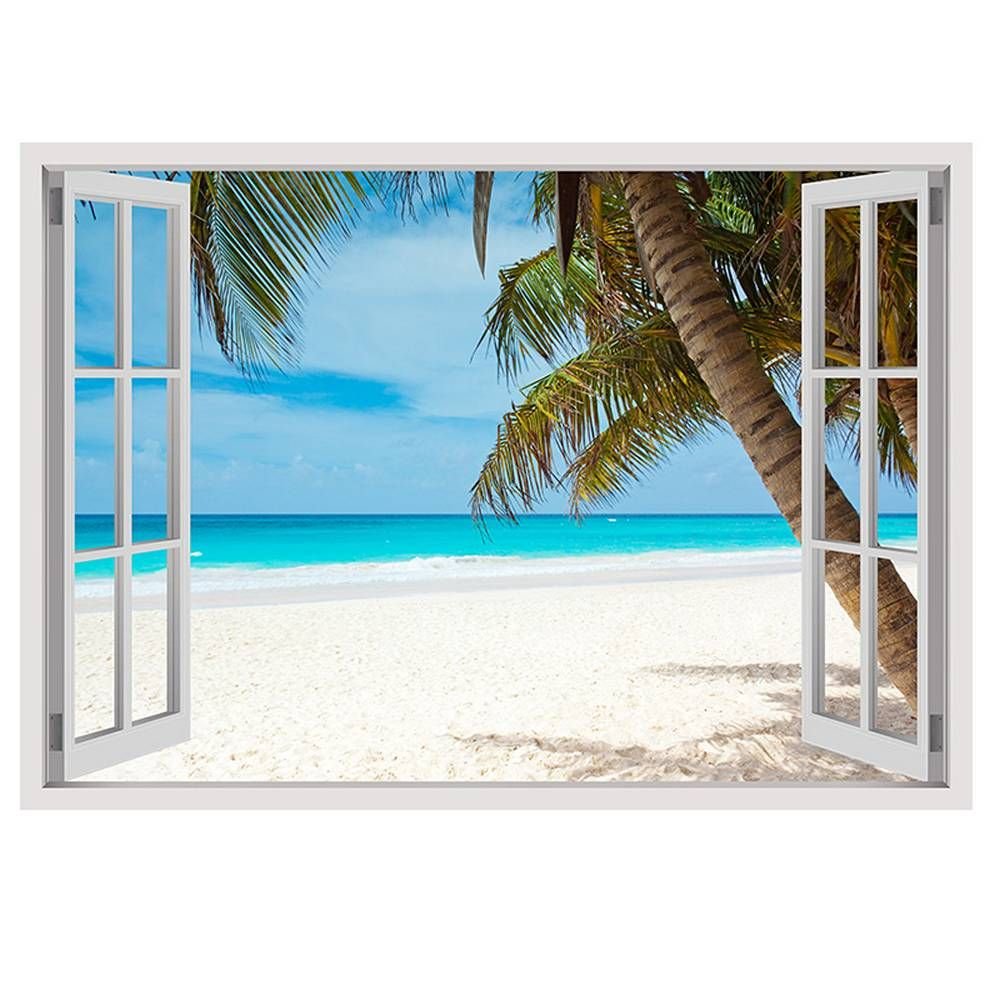 Fake 3D Window Wall Decal - Palm On The Beach Art Print | 39x28 Inch Vinyl Sticker for Home Decor | High Resolution Wall Art for Living Room & Bedroom | Perfect for Coastal Theme Interior Design