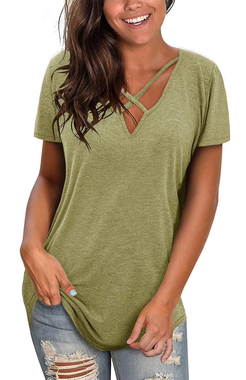 Women's Summer T-Shirts 2023 | Casual Short Sleeve V-Neck Lace Eyelet Top | Sexy Criss Cross Loose Cute Tunic Tee | Perfect for Beach, Vacation & Casual Outings
