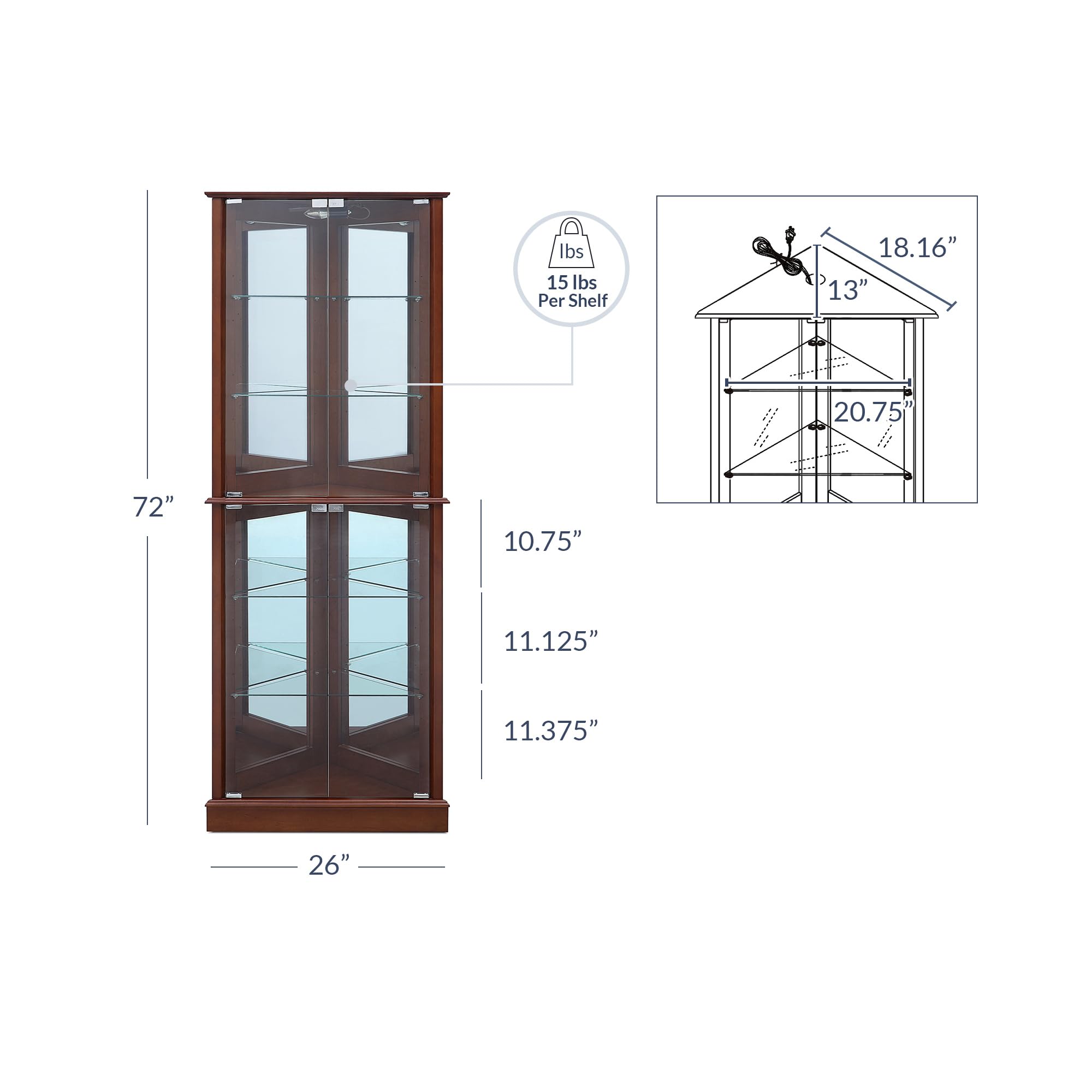 BELLEZE Wooden Corner Curio Cabinet with LED Lights & Tempered Glass Door - 6 Adjustable Shelves, Liquor Storage - Walnut Finish for Living Room, Dining Room & Home Bar Display