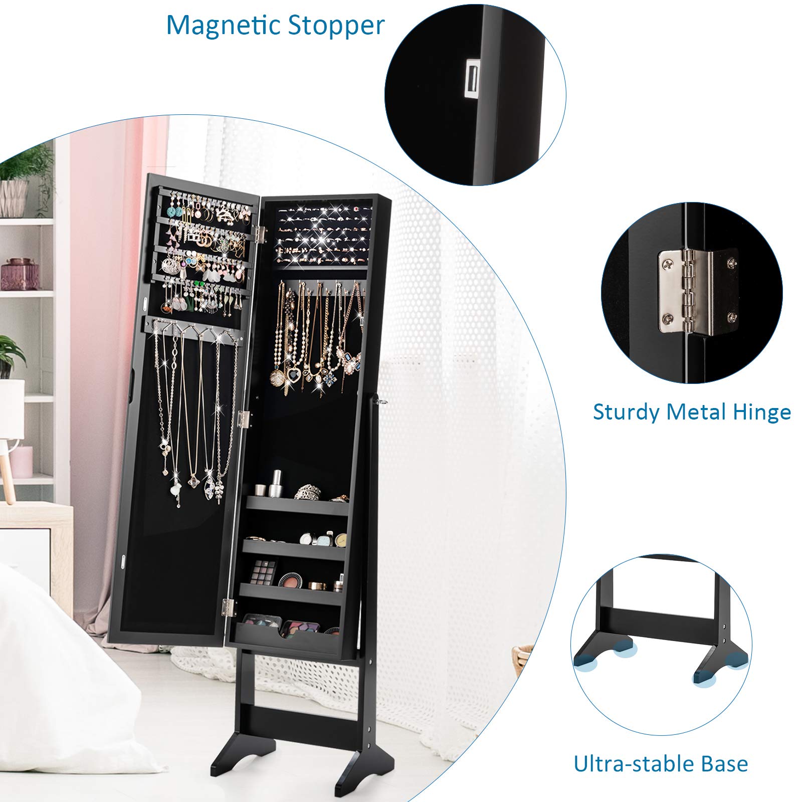 GOFLAME Jewelry Cabinet Organizer with Full Length Mirror Door - Freestanding Makeup Mirror Storage with Large Capacity for Necklaces, Rings & Accessories - Perfect for Bedroom, Closet & Dressing Room (Black)