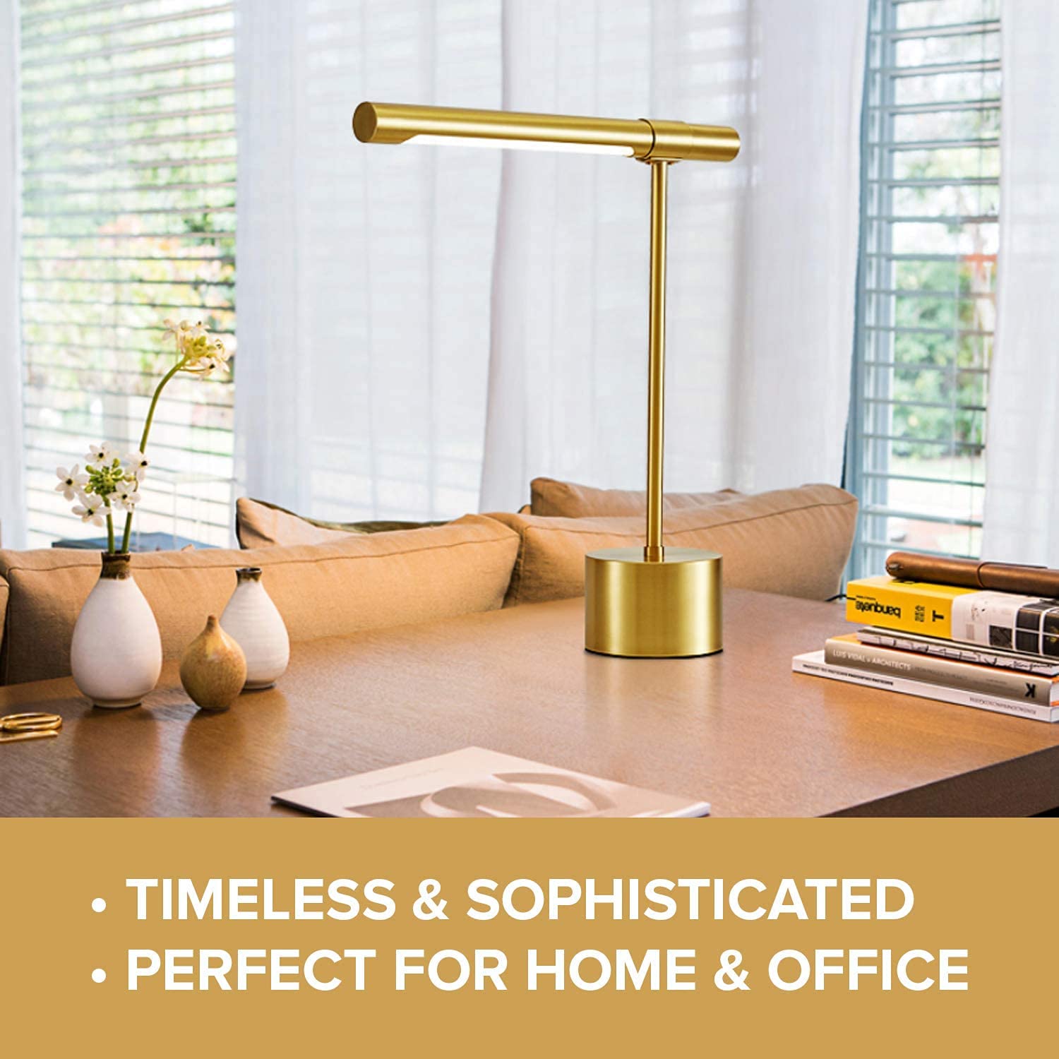 2-Pack All-Brass Mid Century Modern Desk Lamp - Adjustable LED Banker's Lamp with Gold Shade - 18