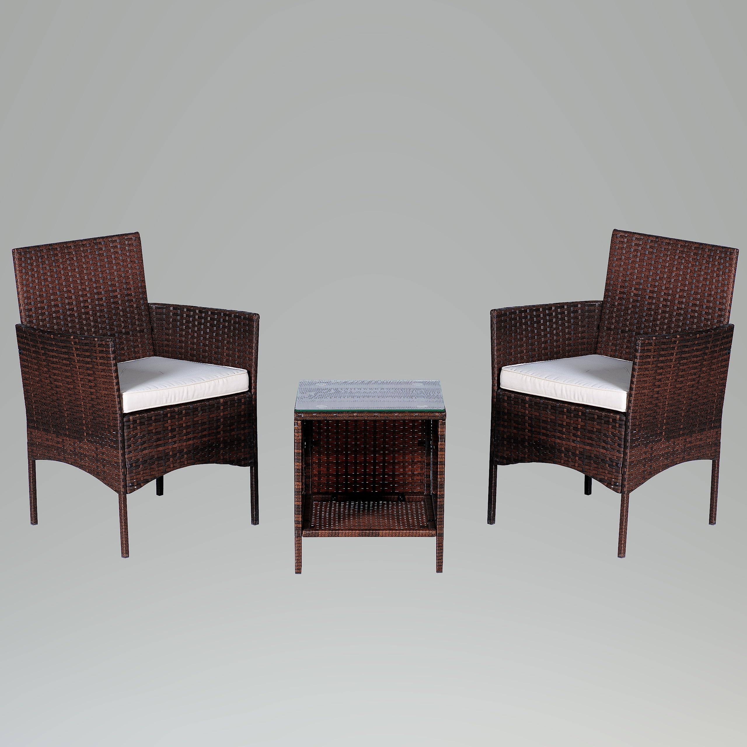 BTEXPERT 3-Piece Outdoor Wicker Bistro Set with Cushions - Rattan Patio Furniture for Garden, Porch, Yard - Space-Saving Conversation Set with 2 Chairs & Glass Top Table (Brown/Beige) - Perfect for Relaxing, Entertaining Guests, and Enjoying Morning Coffee Outdoors