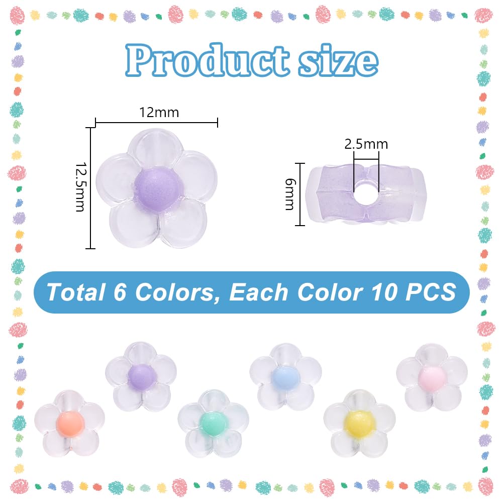 PH PandaHall 60pcs Acrylic Flower Beads for Jewelry Making - 6 Candy Colors, 12x12.5x6mm Frosted Flower Spacer Beads with 2.5mm Hole - DIY Hair Accessories, Spring Summer Craft Supplies for Bracelets, Necklaces & Earrings