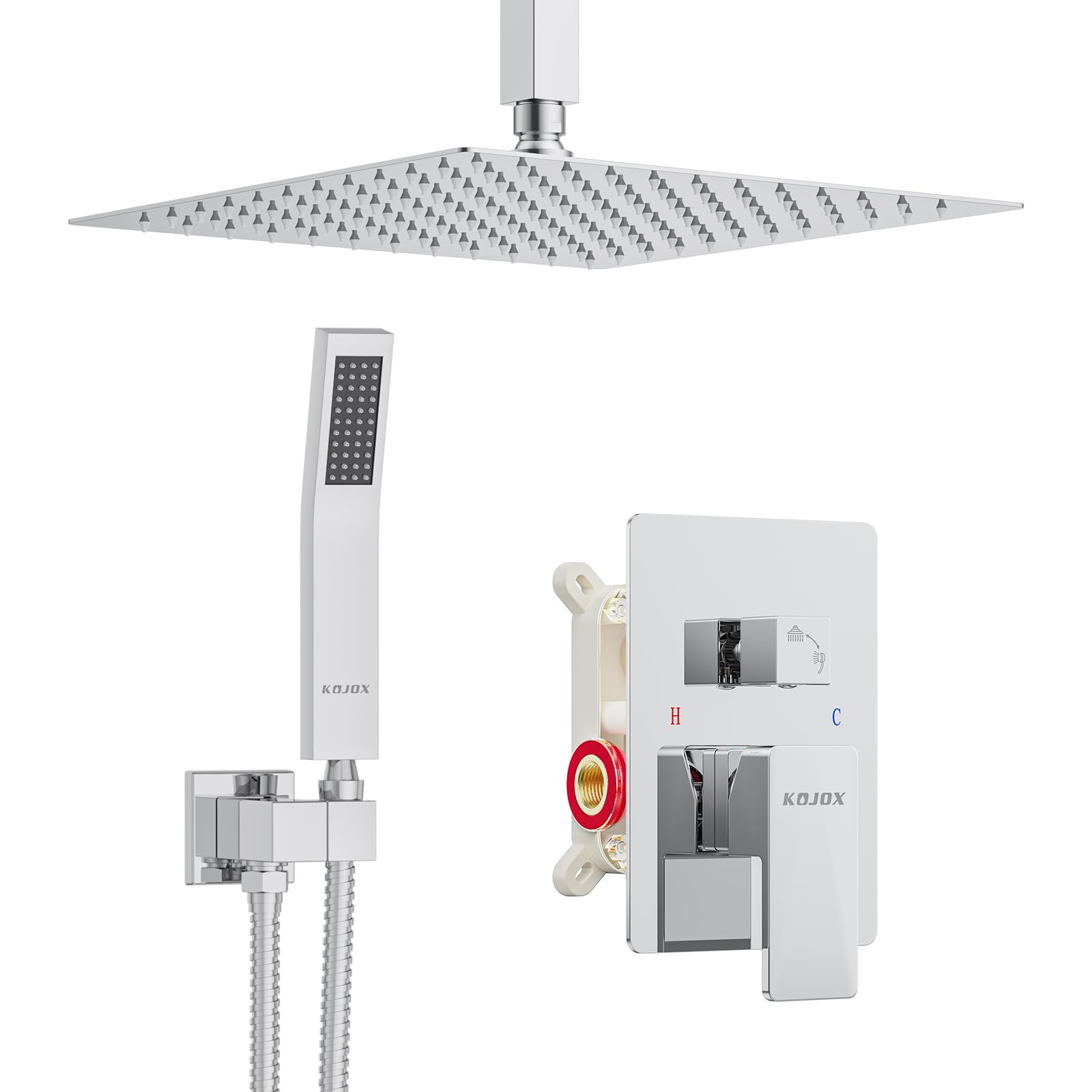 12 Inch High Pressure Rainfall Shower System with Handheld Shower Head & Chrome Faucet Trim - Ceiling Mounted Rain Mixer Shower Set (Includes Valve) - Perfect for Luxury Bathrooms & Spa-Like Experience