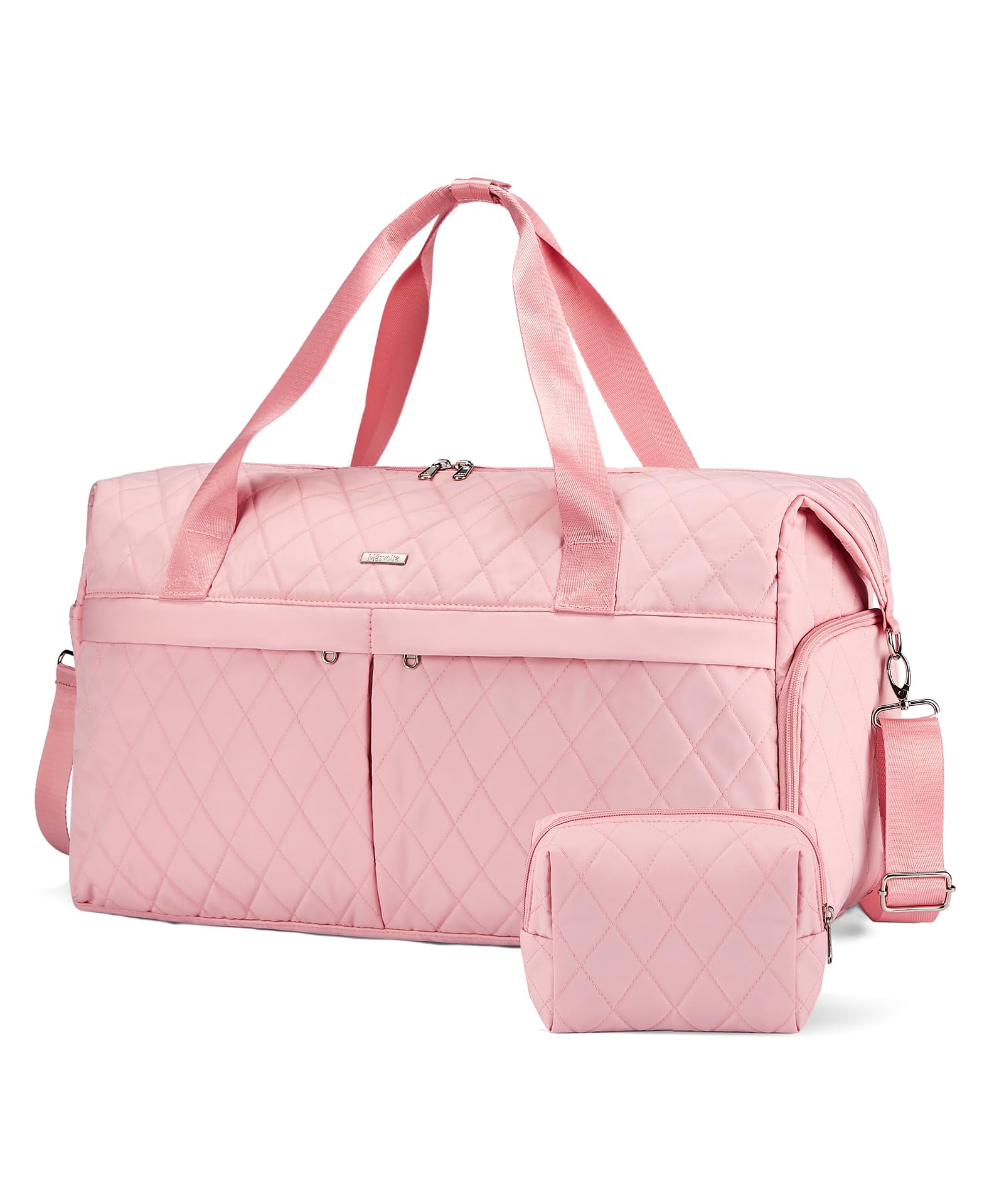 Marvolia Women's Quilted Duffle Bag - Large Travel Weekender Overnight Bag with Shoe Compartment & Toiletry Pouch - Pink Carry-On for Business Trips, Gym, Sports & Weekend Getaways