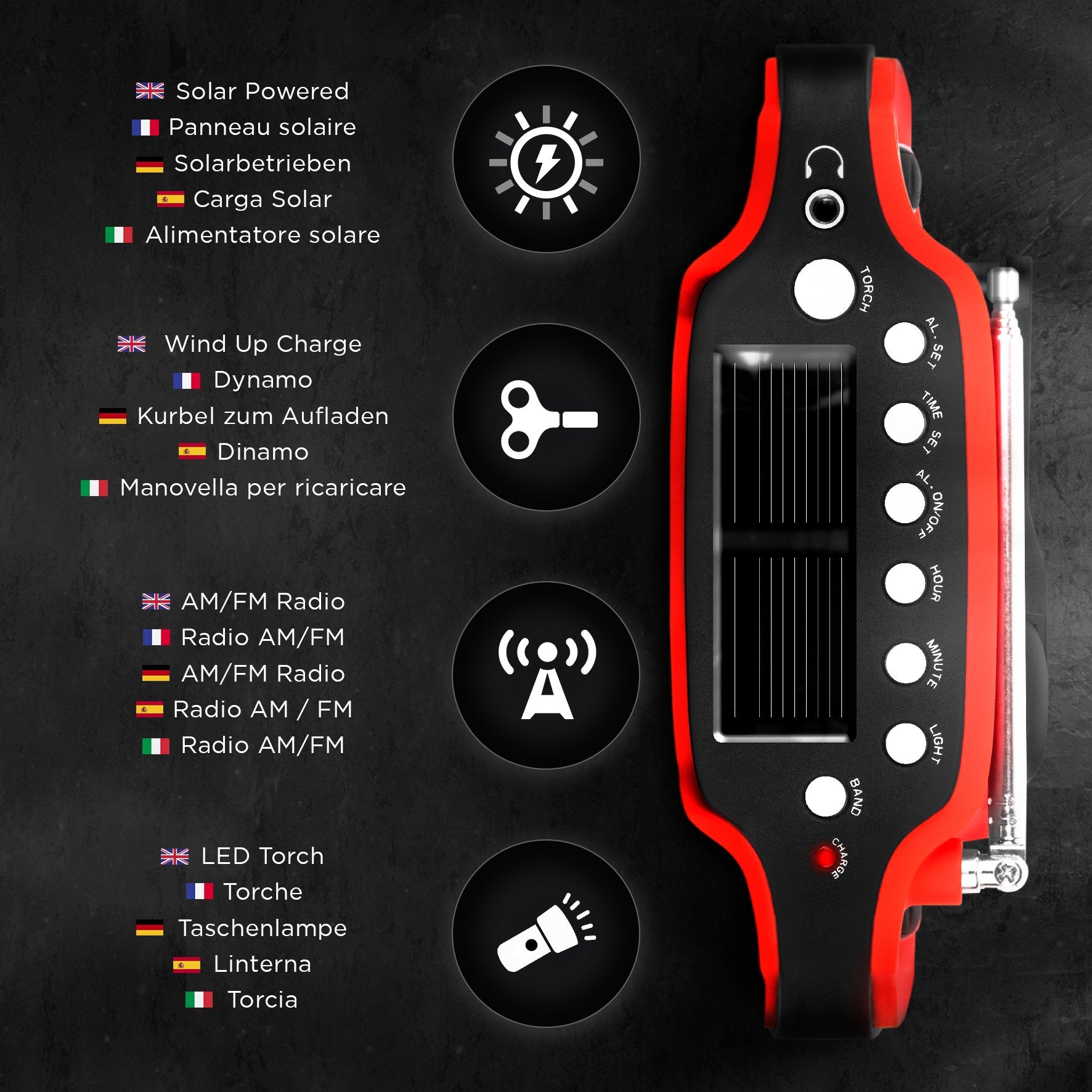 Duronic Solar Powered Flashlight & AM/FM Radio - Rechargeable, Portable, 3 Charging Methods (Solar, Hand Crank, Battery-Free) with Adjustable Antenna | Perfect for Camping, Hiking, Emergencies & Outdoor Adventures