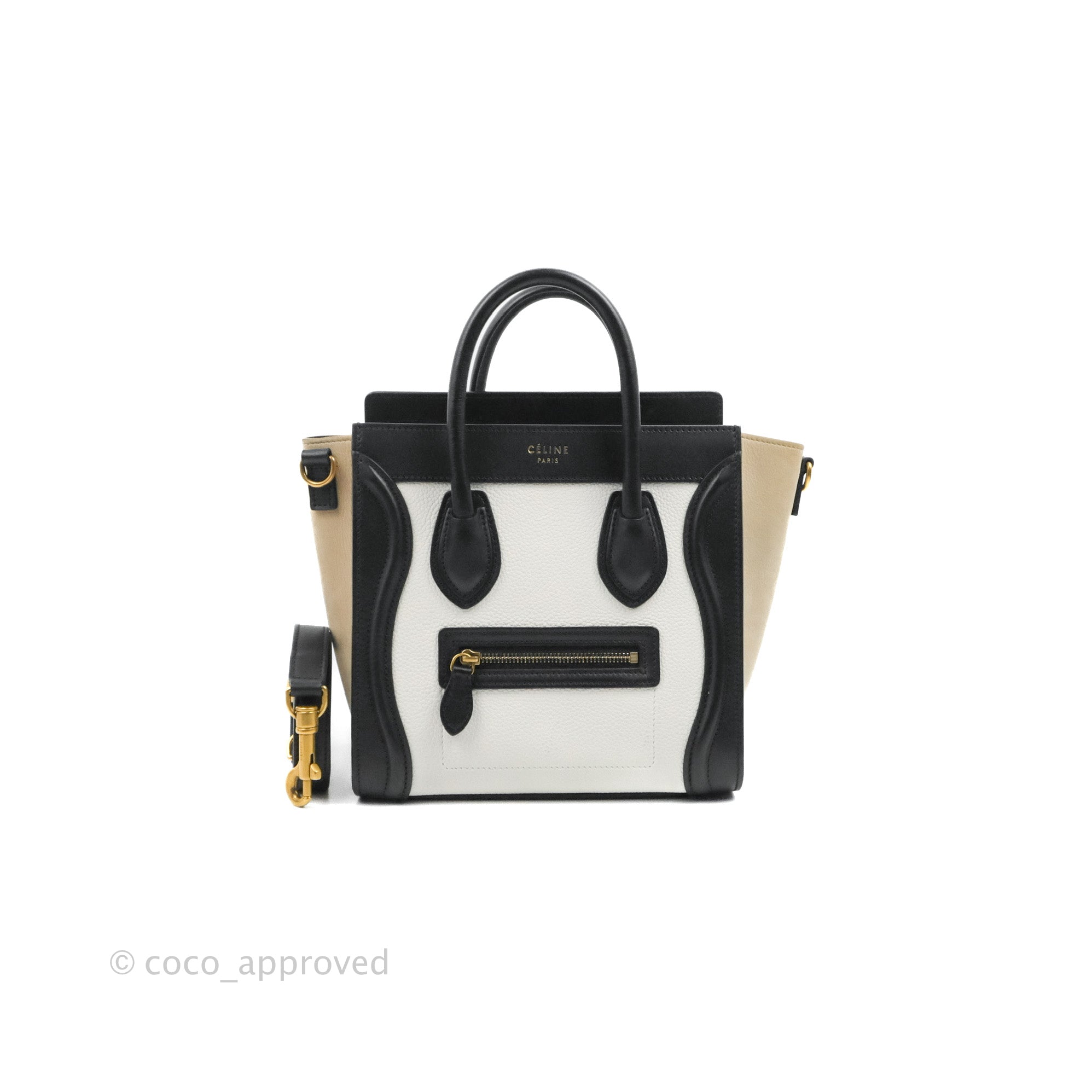 Celine Nano Luggage Bag in Tricolor Dune/White/Black - Premium Grained Calfskin Leather Handbag for Women | Perfect for Work, Travel & Everyday Use