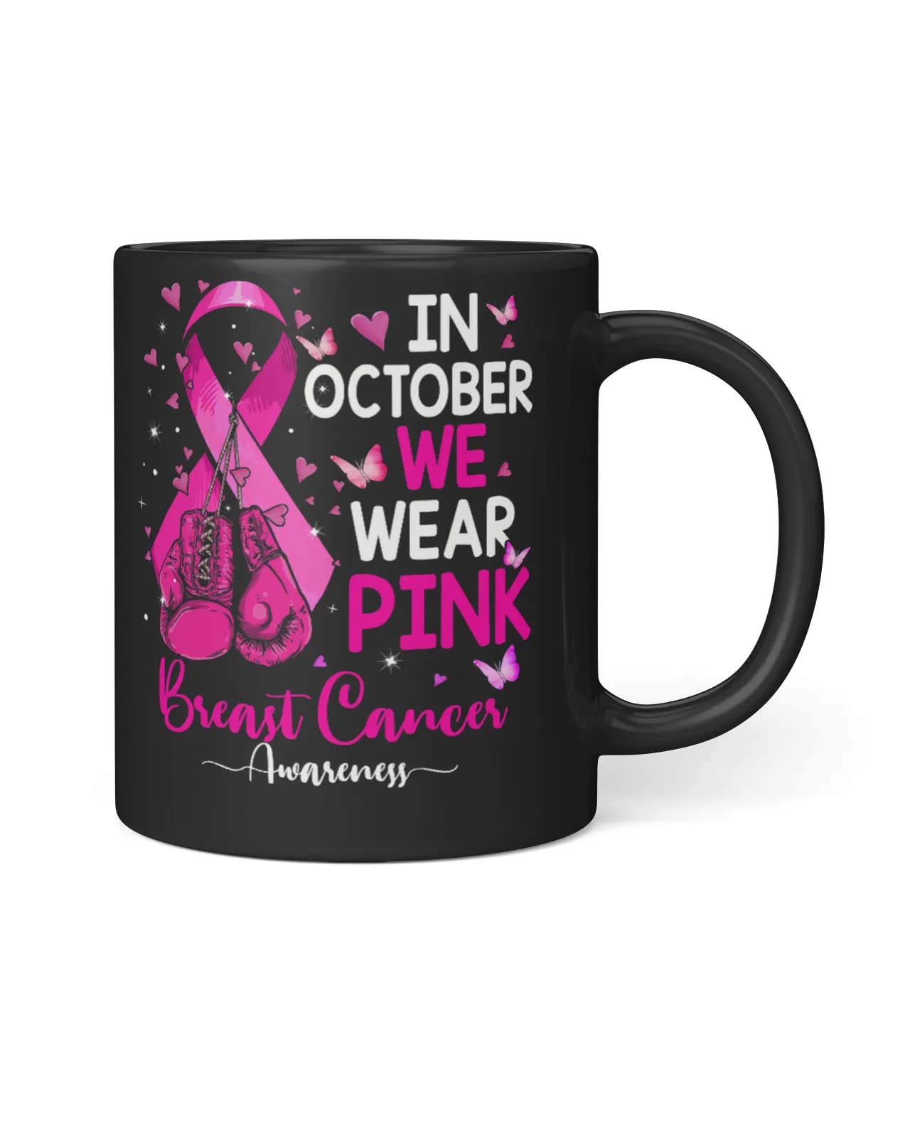 Pink Ribbon Ceramic Coffee Mug - 11oz & 15oz Breast Cancer Awareness Gift for Women, Mom, Wife - Black Tea Cup with Boxing Design - Perfect for October Awareness Month, Office Use & Thoughtful Family Gifts