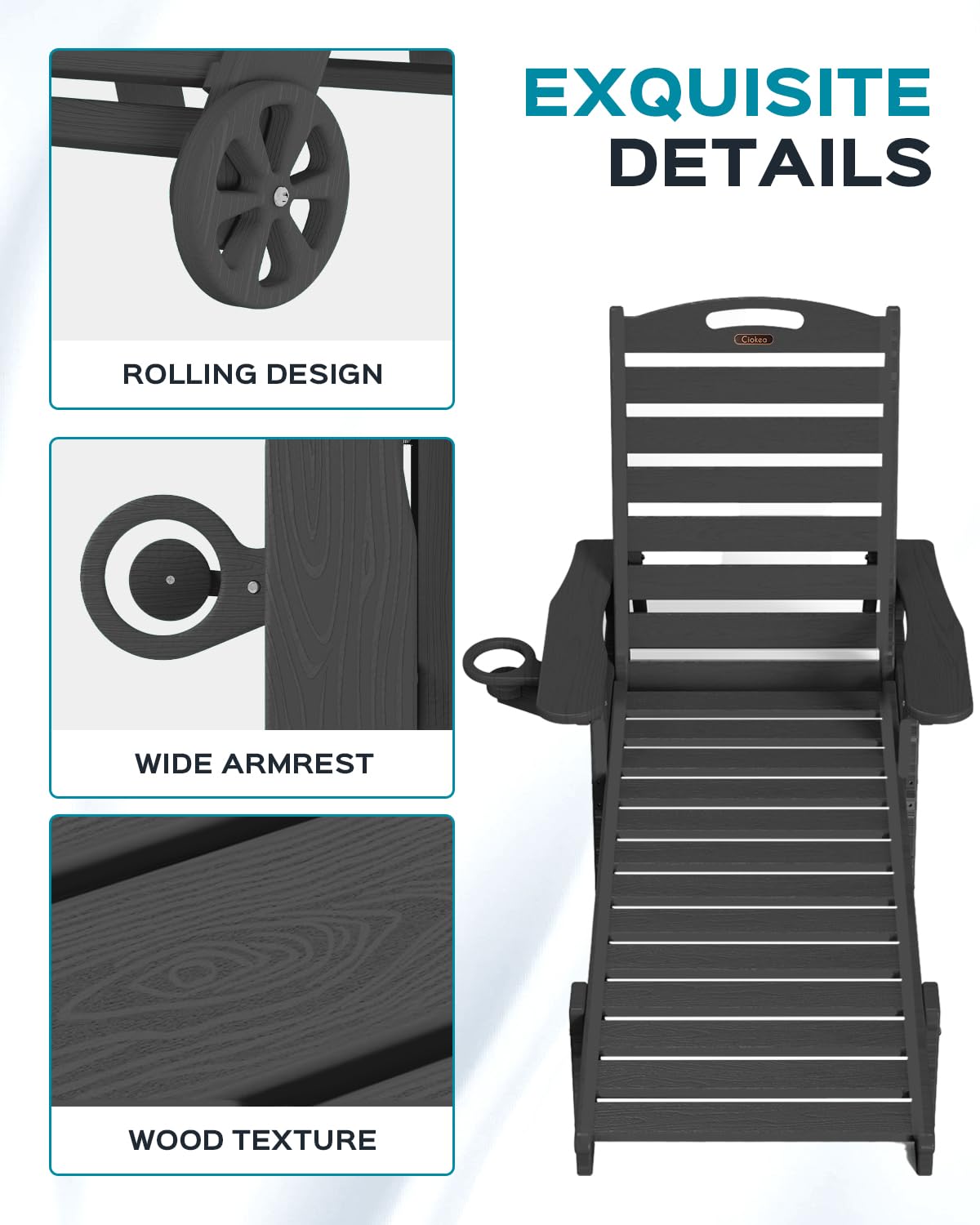 Oversized Outdoor Lounge Chair with 5 Adjustable Positions, HDPE Patio Chaise with Wheels & Cup Holder - Perfect for Poolside, Deck, Backyard Relaxation & Sunbathing