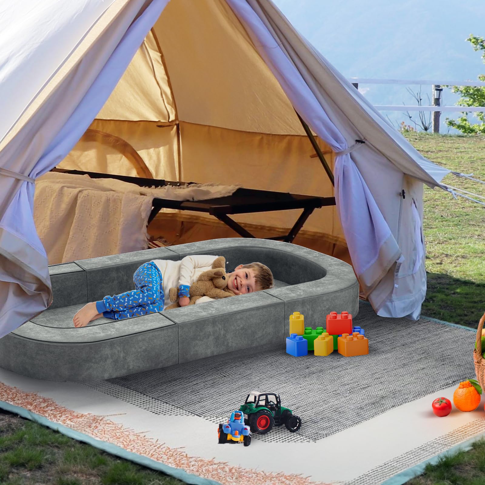 2 in 1 Portable Toddler Travel Bed & Convertible Sofa - Foldable Travel Crib for Kids 1-6 Years Old, Lightweight Floor Cot & Toddler Bed for Baby, Size L, Grey - Perfect for Camping, Air Travel & Playroom Nap Time