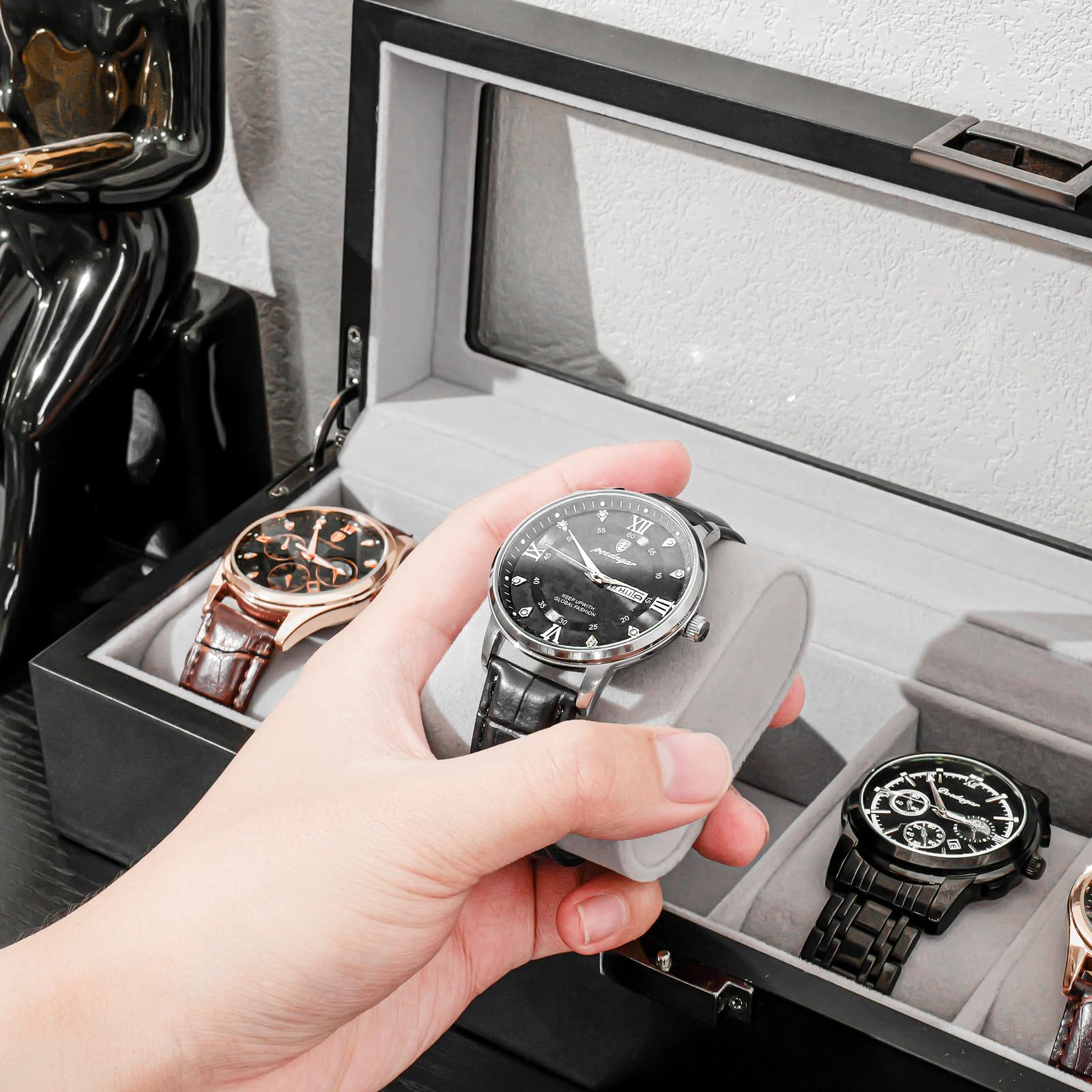 ProCase 6-Slot Wooden Watch Box for Men - Matte Black Watch Display Case with Glass Lid | Luxury Watch Organizer & Storage | Perfect Father's Day Gift for Watch Collectors | Home Office & Travel Use