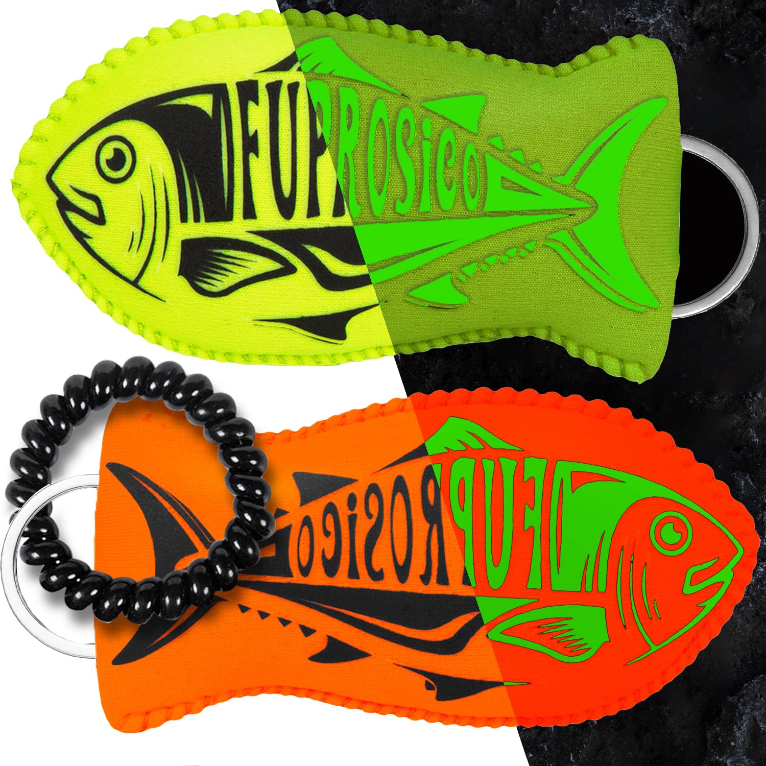 **Glow in the Dark Floating Keychain for Boating - Waterproof Boat Key Float with Wrist Coil - Holds 5-6 Keys (2-Pack, Green & Orange) - Perfect for Kayaking, Fishing, and Water Sports**