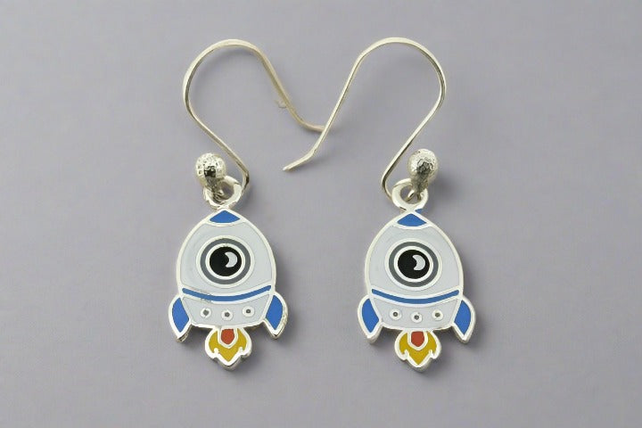 Blue Enamel Rocket Stud Earrings for Women - Trendy Space-Themed Jewelry for Casual Wear & Gift Giving