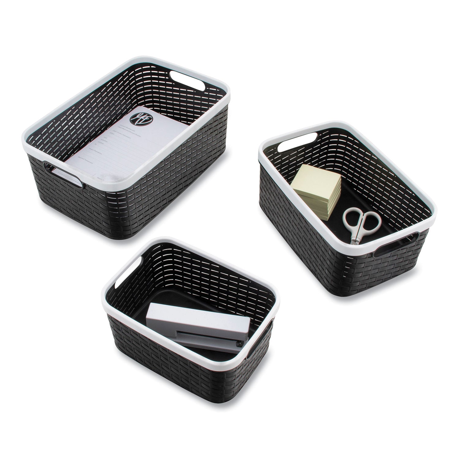 Advantus Open Lid Storage Bin Set - 3 Pack, Black & White, Assorted Sizes for Home Organization, Office Supplies, and Craft Room Storage