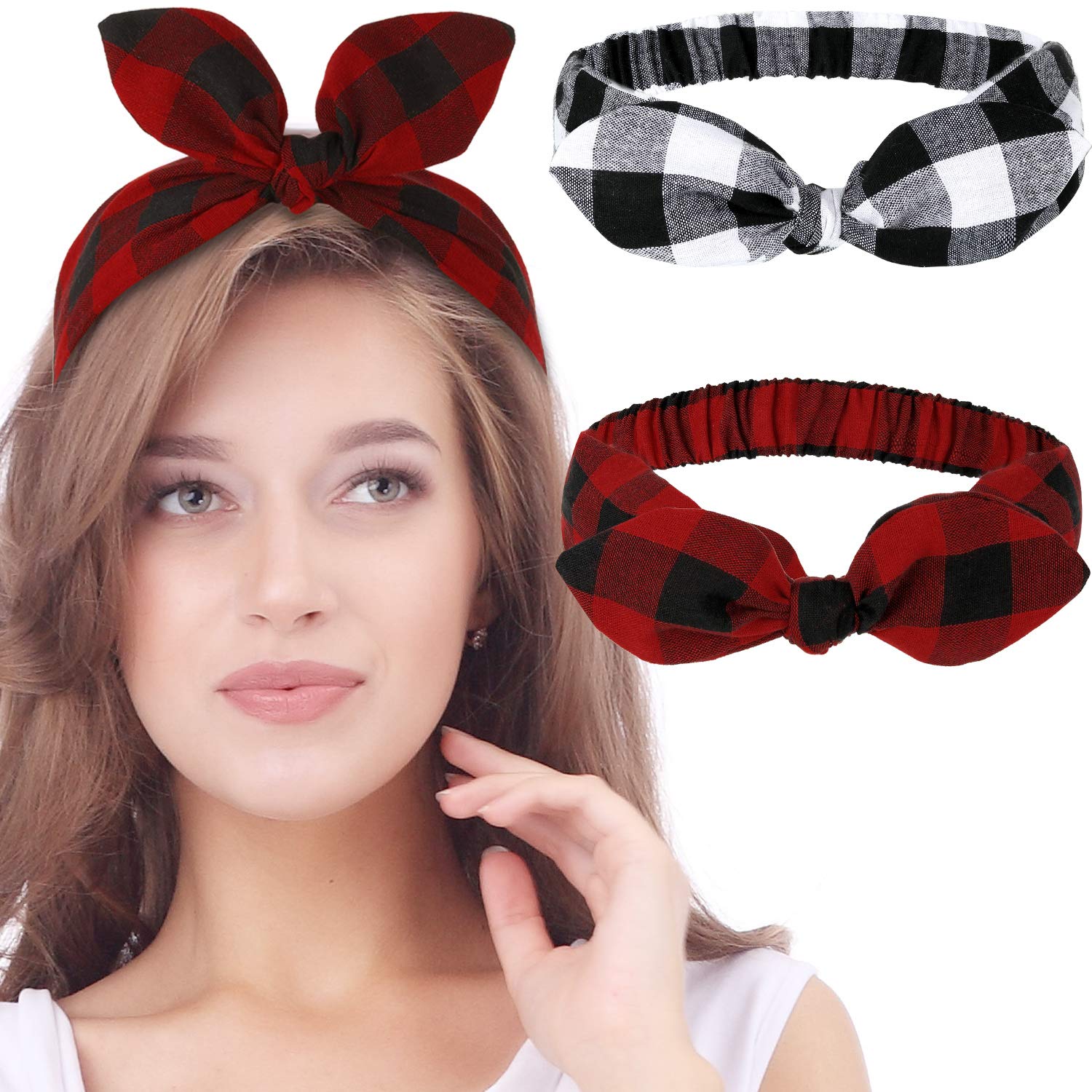 Christmas Plaid Headbands for Women & Girls - Vintage Retro Elastic Hairband Headwrap Set of 2 (Style K) - Perfect for Holiday Parties, Family Photos & Festive Outfits