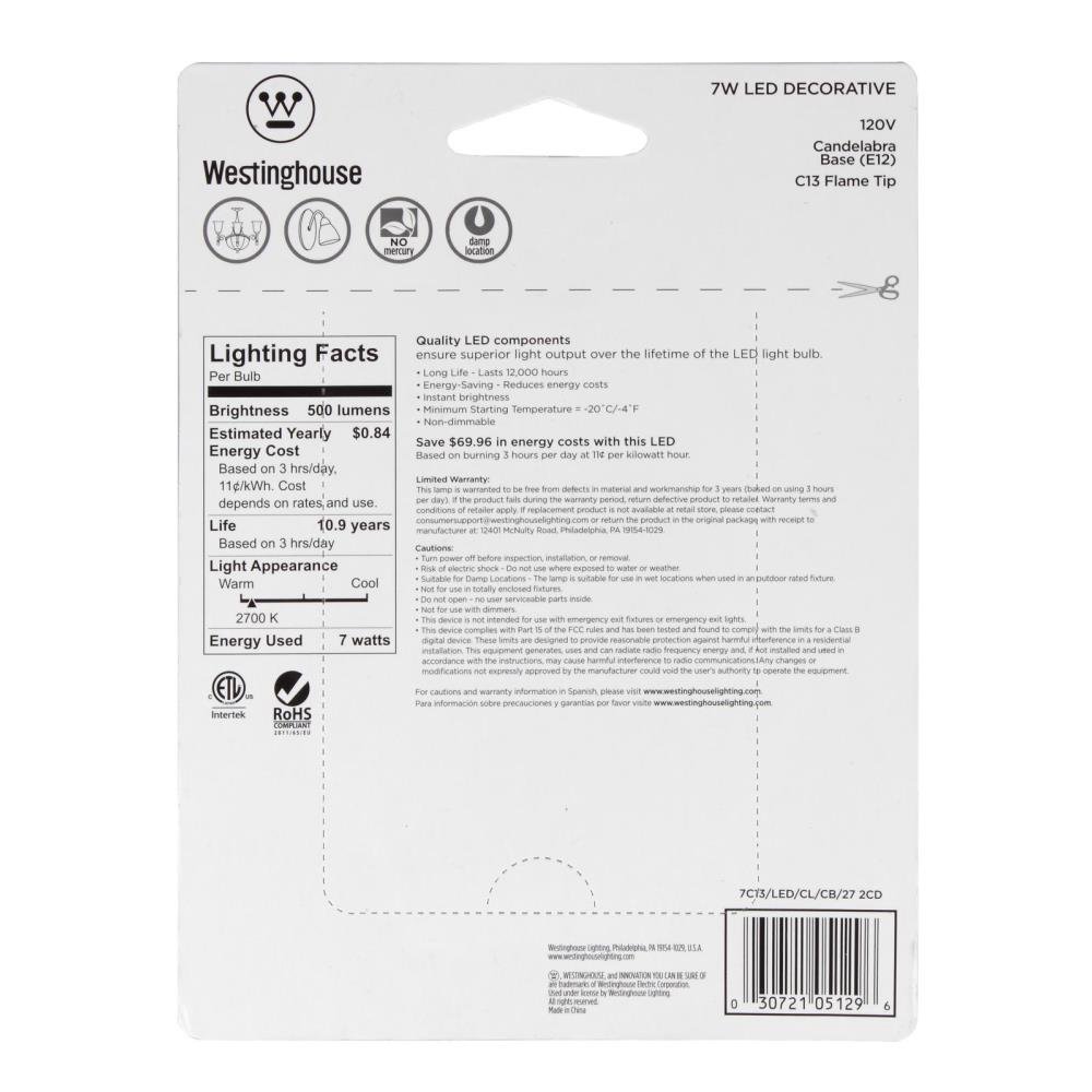 Westinghouse 0512900 60W Equivalent LED Light Bulb - Candelabra Base, Soft White 2700K, Energy Efficient, Dimmable - Perfect for Chandeliers, Ceiling Fans, and Decorative Lighting