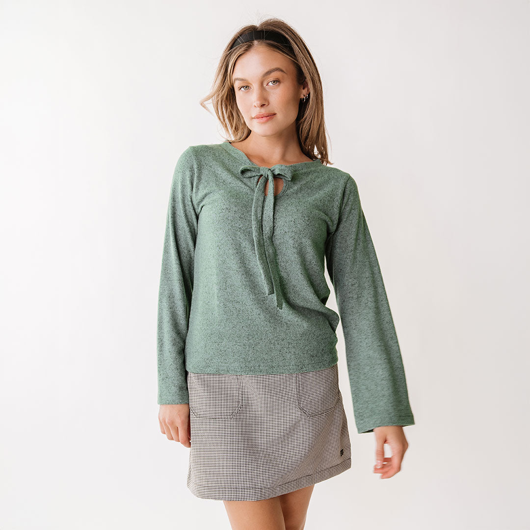 Elegant Bow Tie Sweater for Women - Soft Dusk Green Knit Pullover - Perfect for Office, Dates & Holiday Parties