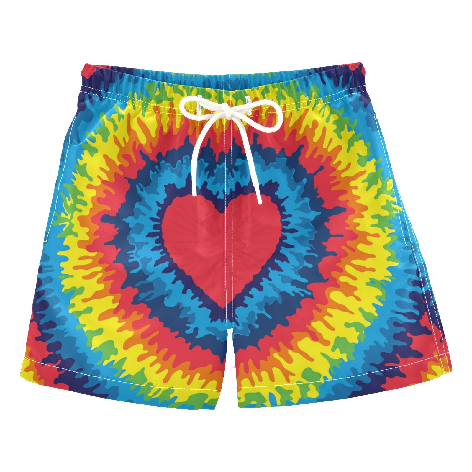 AMICHIC Boys Heart Tie Dye Swim Trunks - Quick Dry Board Shorts with UPF 50+ Sun Protection for Beach, Surfing & Swimming | Hawaii Vacation Essential for Kids Summer Outfits