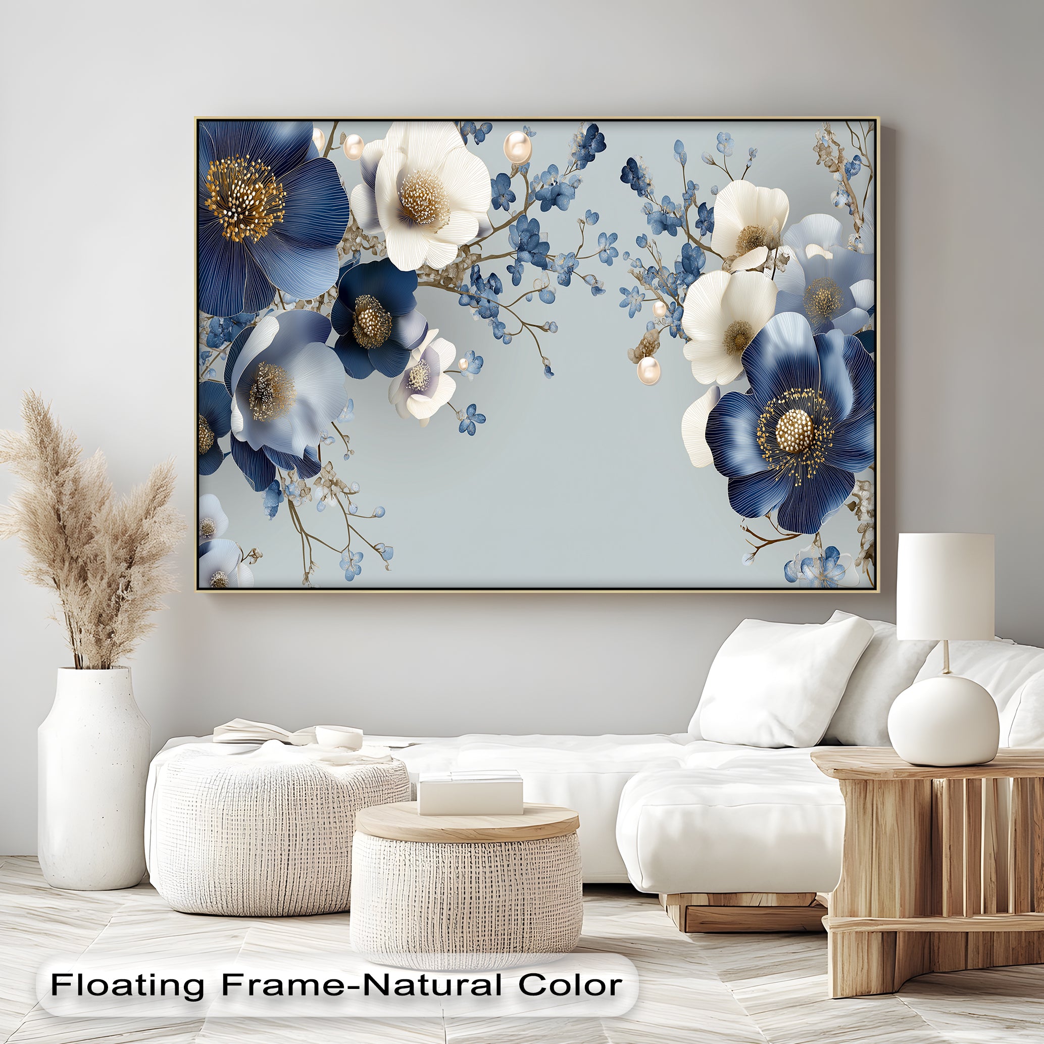 Blue and Ivory Floral Fantasy with Pearls Canvas Wall Art - Elegant Home Decor for Living Room, Bedroom & Office