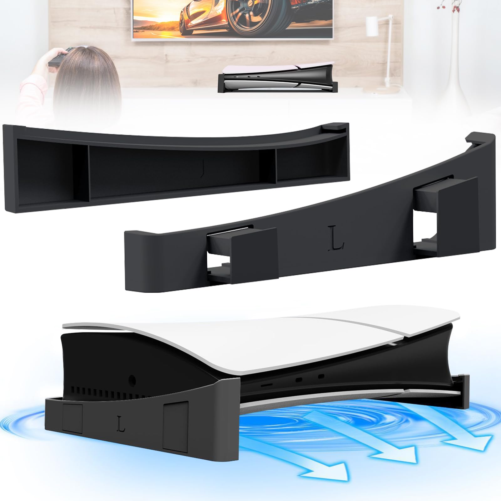 PS5 Slim Stand - Minimalist Design Horizontal Console Stand Compatible with PS5 Slim Digital & Disc Editions - Black - Perfect for Gaming Setups & Entertainment Centers