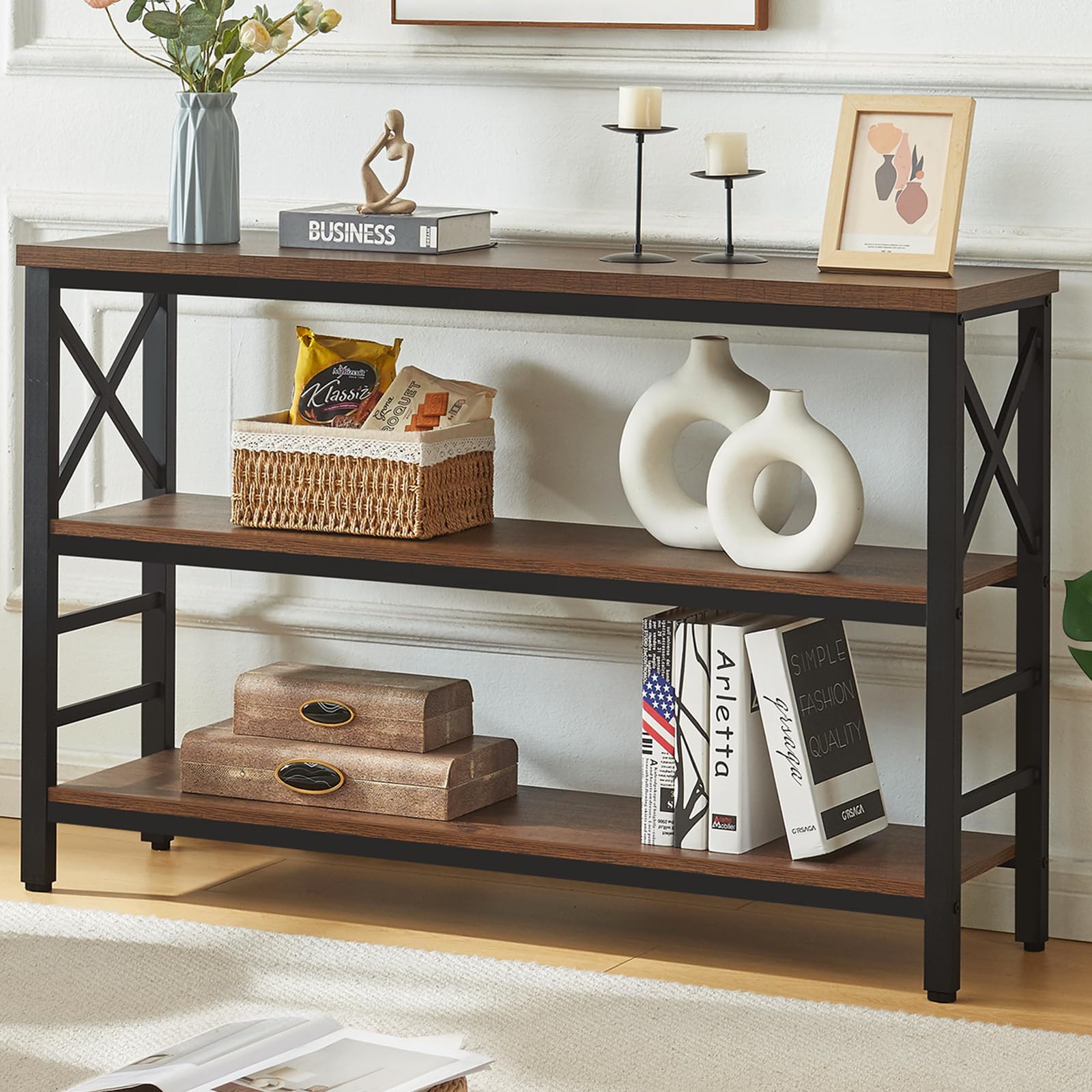 Industrial Rustic Sofa Table with Storage - 3-Tier Engineered Wood & Metal Console Table for Entryway, Living Room, Hallway - 47 Inch Brown Shelf for Home Decor & Organization
