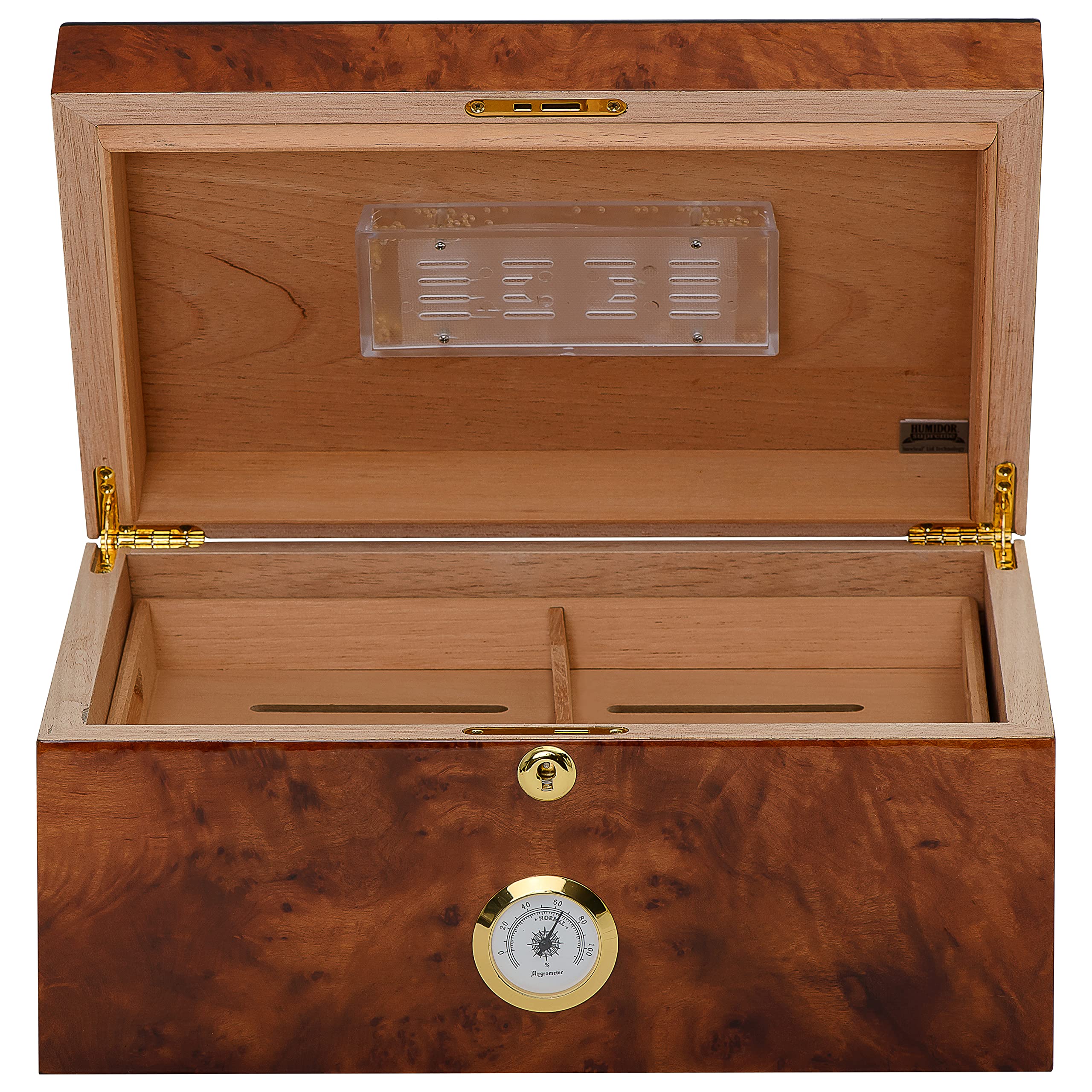 Premium Santorini Cigar Humidor - Rustic Burl Wood Desktop Storage with Blue Inlay, Glass Hygrometer & Spanish Cedar Tray - Holds 40-75 Cigars - Perfect for Home Office, Man Cave or Gift for Cigar Enthusiasts