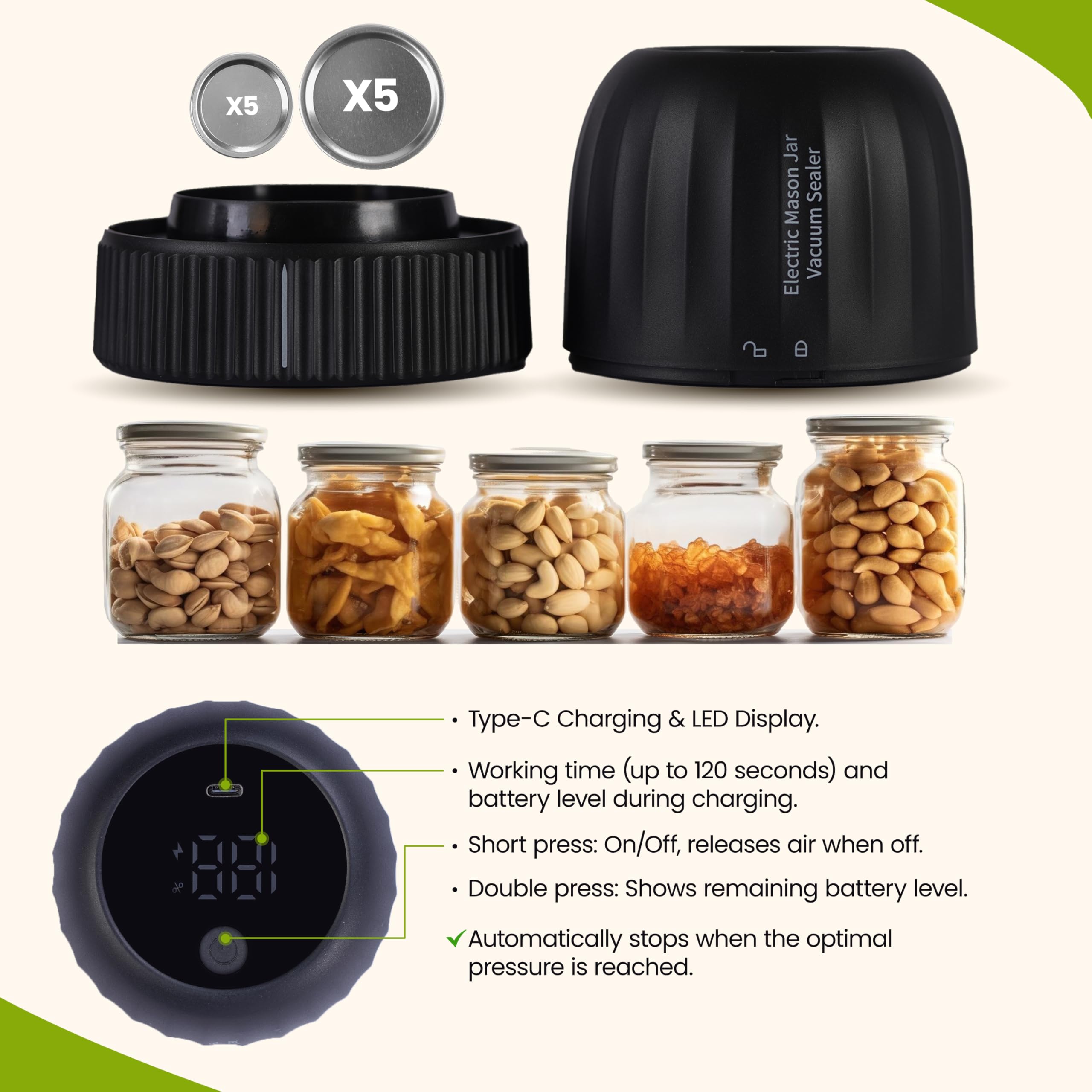 3-in-1 Electric Mason Jar Vacuum Sealer Kit - Wide & Regular Mouth Jar Sealer with Auto-Stop, Anti-Slip Grip & Opener - Includes Lids & Vacuum Bags for Food Storage, Meal Prep & Canning - Perfect for Home Kitchen, Camping & Emergency Food Preservation