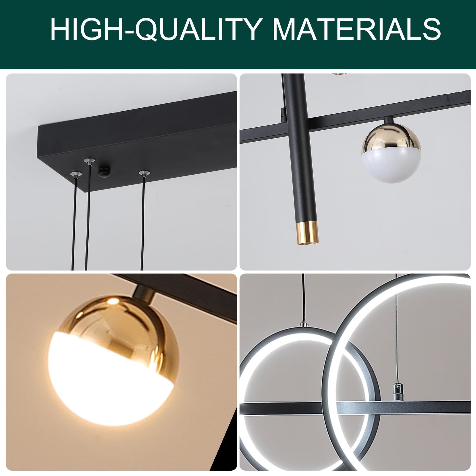 Modern LED Chandelier for Dining Room - Dimmable Black Gold Kitchen Island Pendant Light, Linear Ring Globe Ceiling Fixture | Perfect for Contemporary Home Decor, Restaurant Lighting & Open Concept Spaces