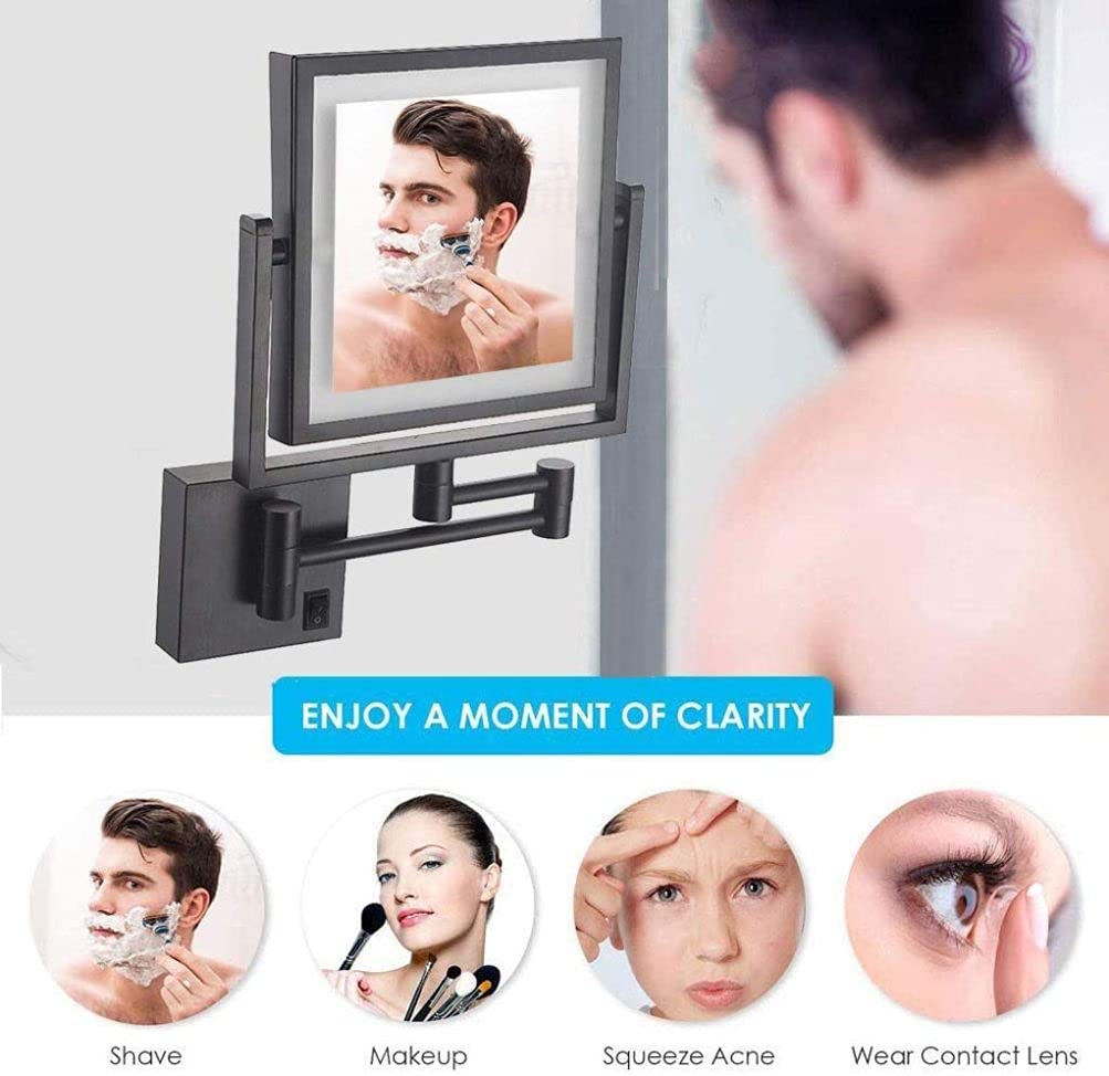 8 Inch Wall Mounted Makeup Mirror with LED Lights & 3X Magnification - Double Sided Vanity Mirror with Extendable Arm for Bathroom, Bedroom & Hotel Use - USB Charging, Black - Perfect for Makeup Application, Shaving & Skincare Routines