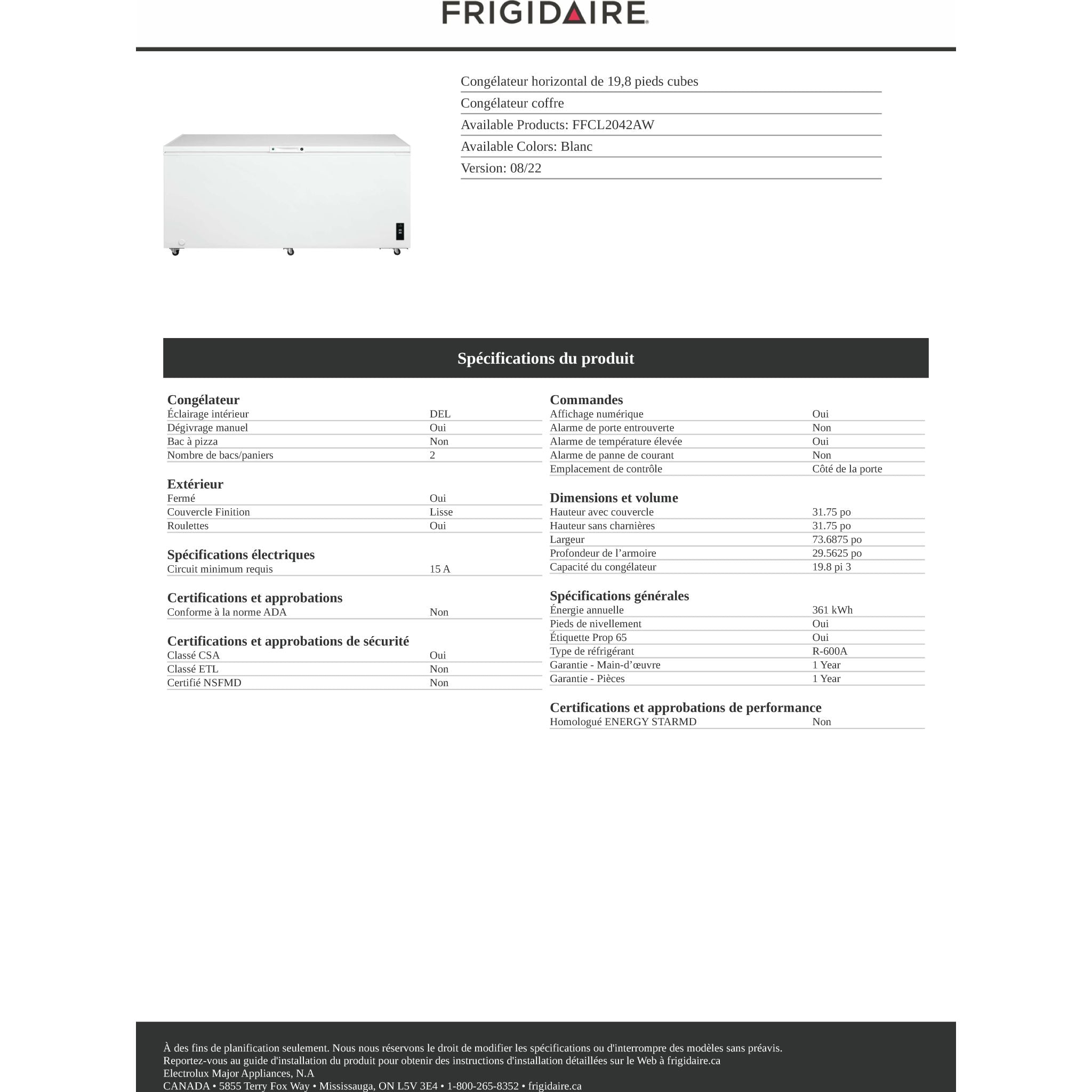 Frigidaire FFCL2042AW 7.0 Cu. Ft. Chest Freezer - Energy Star Certified, White - Perfect for Home, Garage, or Basement Storage of Frozen Foods
