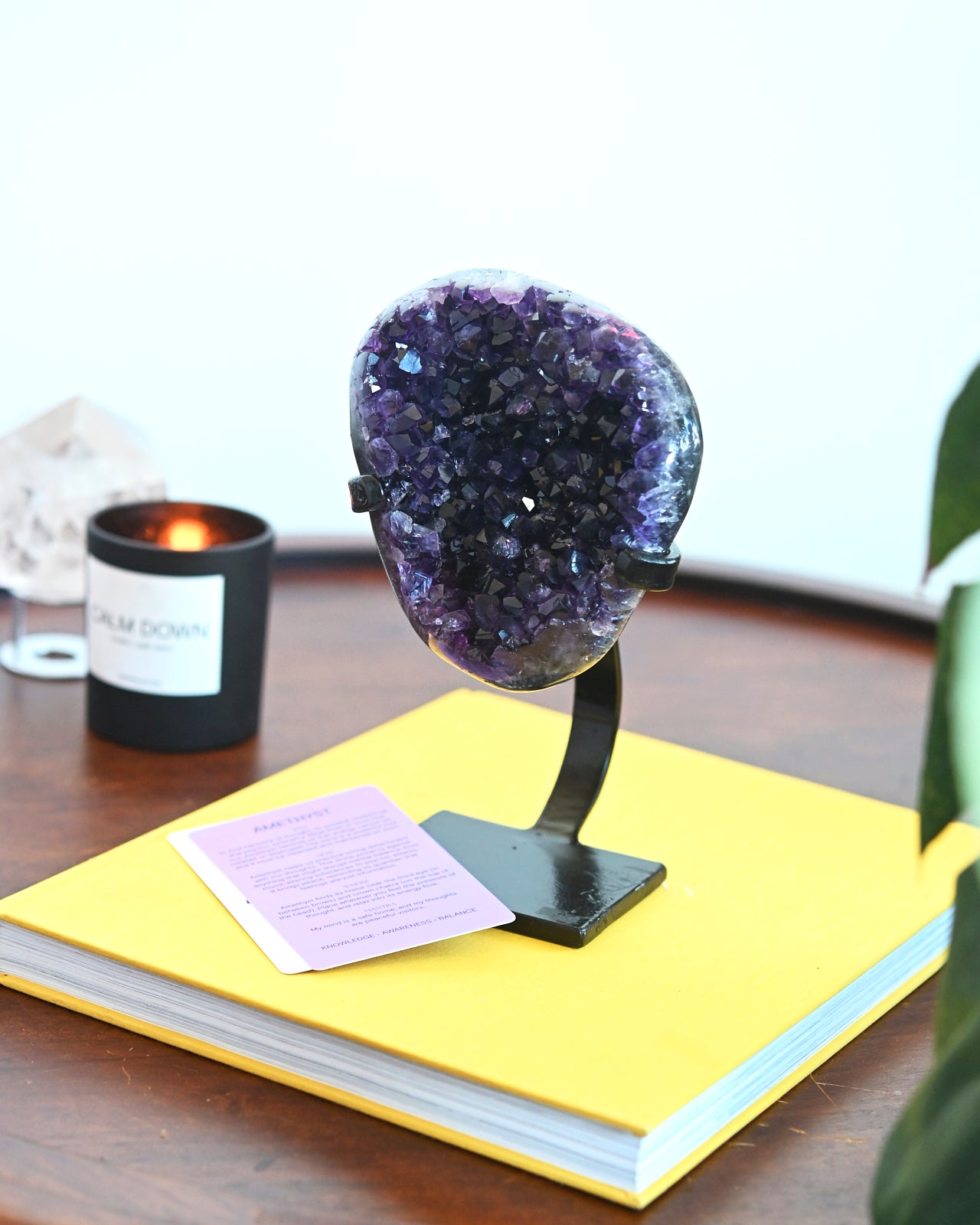 Natural Amethyst Crystal Geode on Wooden Stand - 3.8lbs Raw Purple Quartz Cluster - Home Decor, Meditation & Healing Crystal for Office Desk, Living Room, Gift Idea