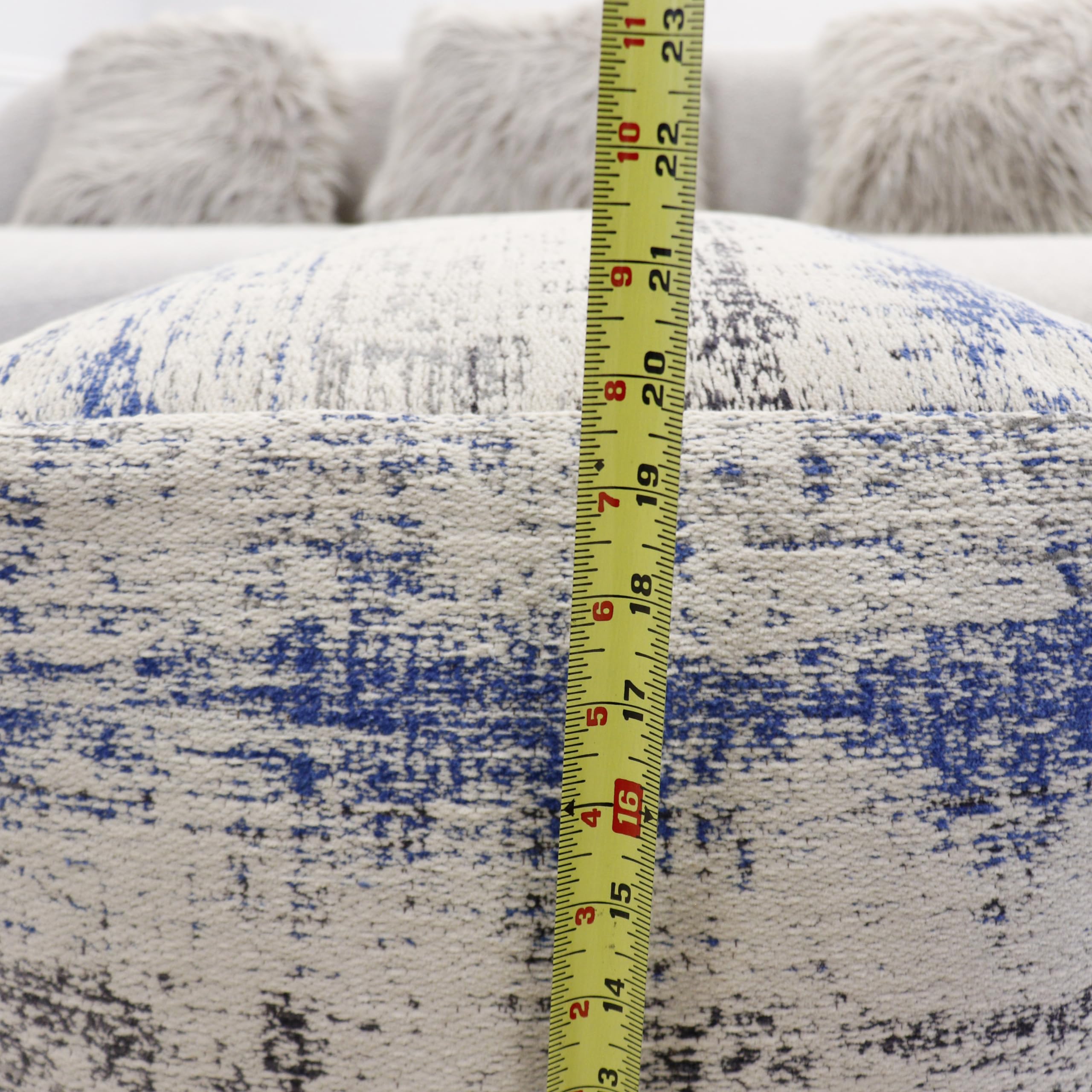 Pasargad Home Grand Canyon Distressed Cotton Pouf - Jacquard Woven Square Ottoman with Polly Beads Filling - 20x20x20 Inch Ivory/Blue Footrest & Lounge Seat - Luxury Living Room Decor for Sofa, Bedroom & Reading Nook