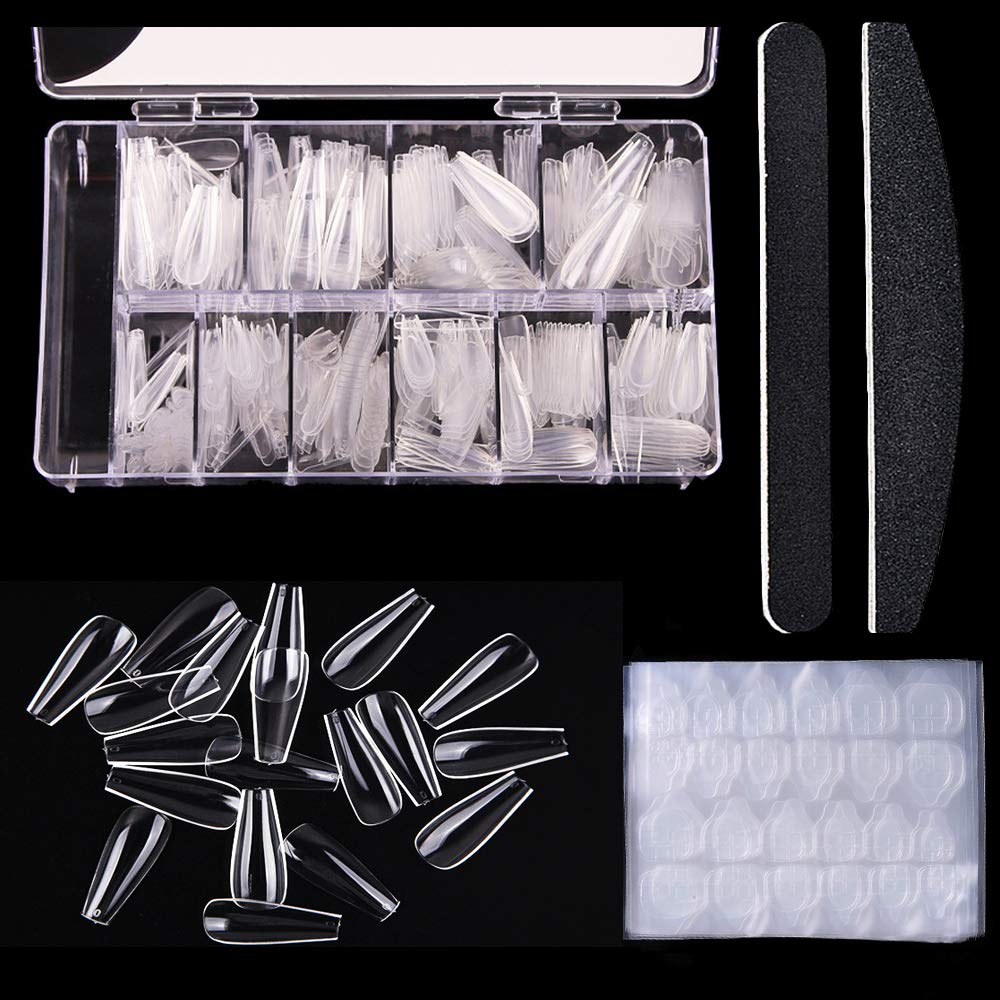 500Pcs Long Coffin False Nails - Full Cover Ballerina Artificial Nail Tips with Glue & Nail Files for Nail Art (Clear) | Perfect for Salon, DIY Manicure & Special Occasions