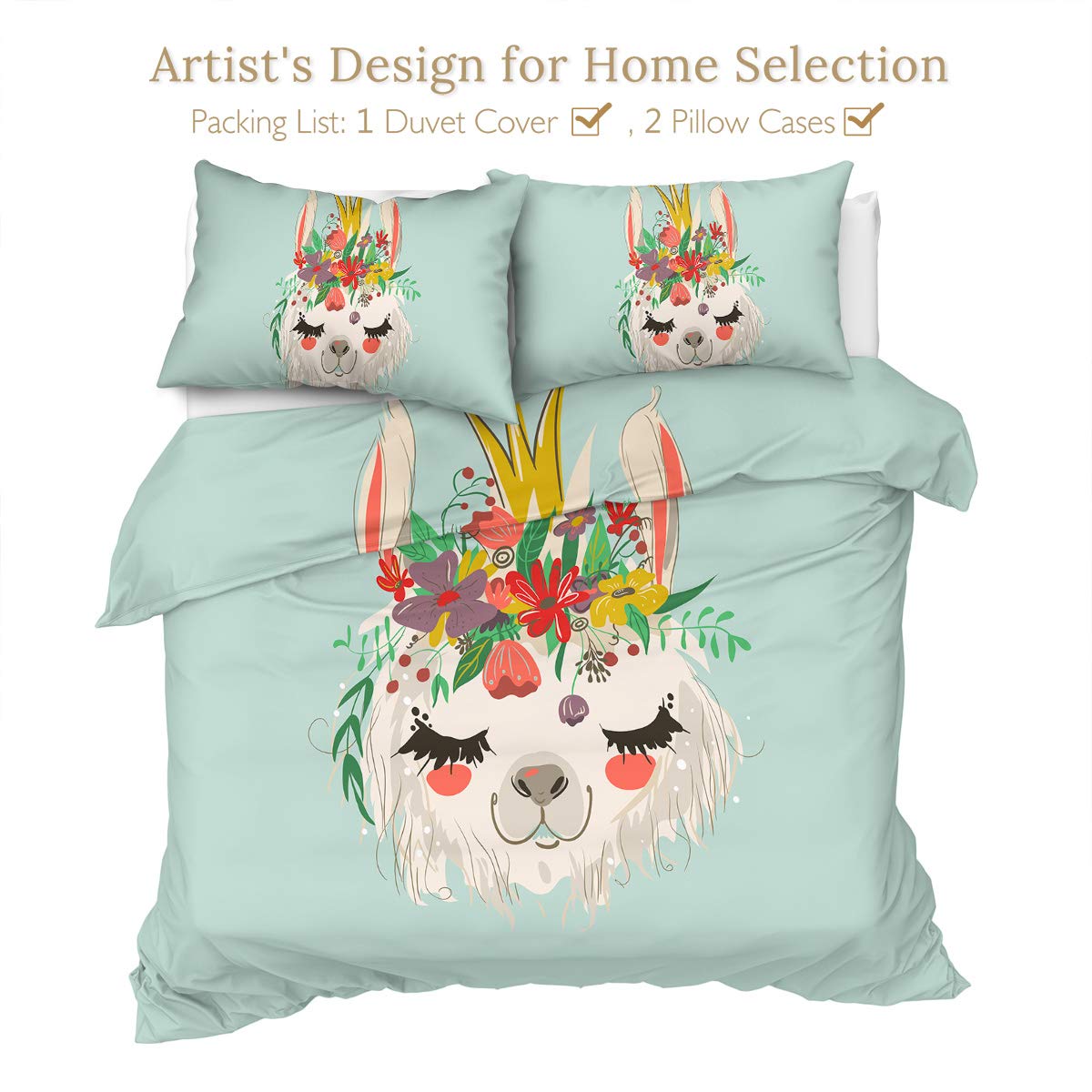 Sleepwish Llama Bedding Twin Set - 3 Piece Cute Floral Mint Green Duvet Cover & Pillowcases for Kids Boys Girls Bedroom | Soft Comforter Cover Set for Cozy Sleep, Nursery Decor, Birthday Gift