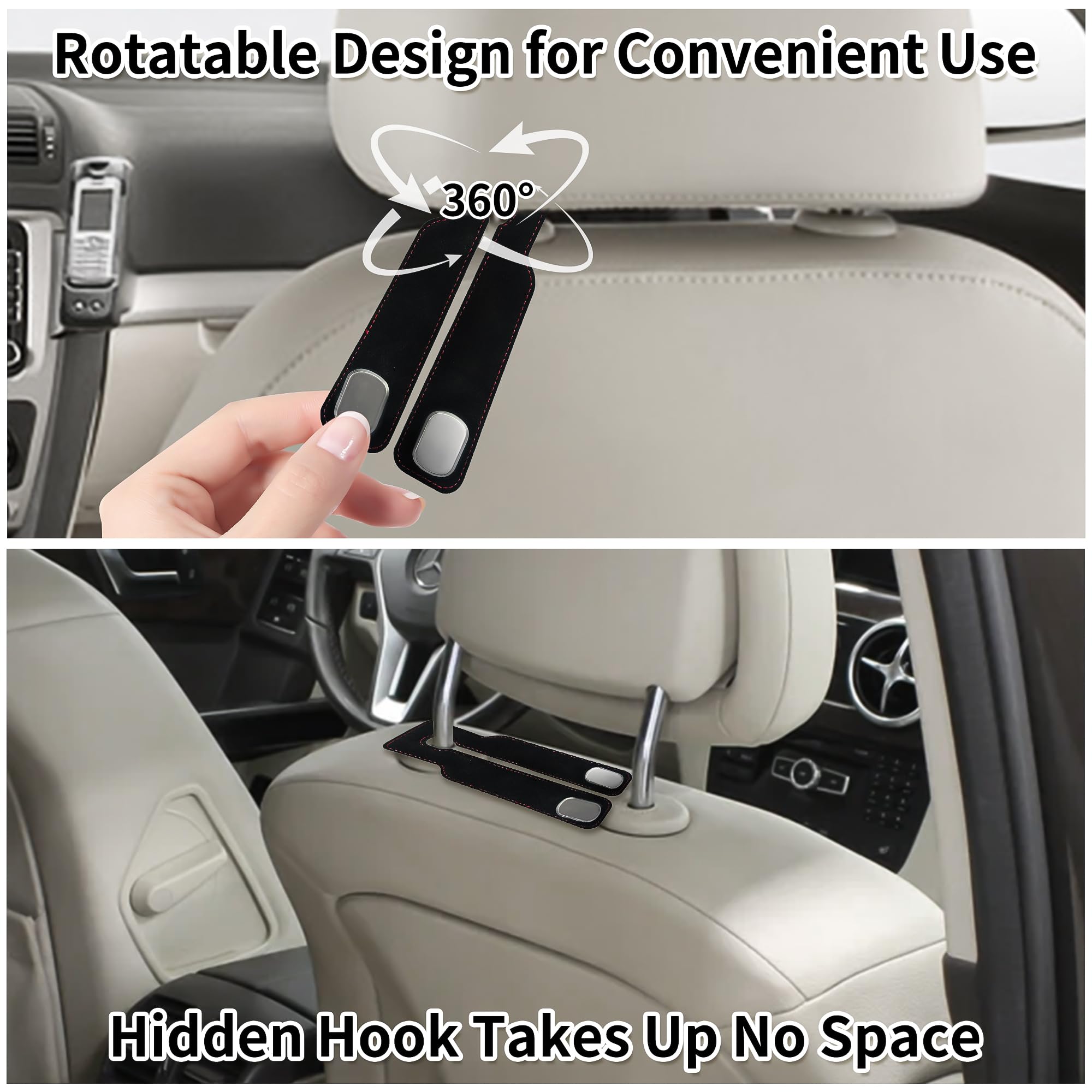 2 Pack Rotatable Car Seat Hooks for Headrest - Premium Leather Purse & Bag Holder - Car Storage Accessories for Handbags, Groceries & Shopping Bags (Black) - Perfect for Road Trips, Commuting & Daily Errands