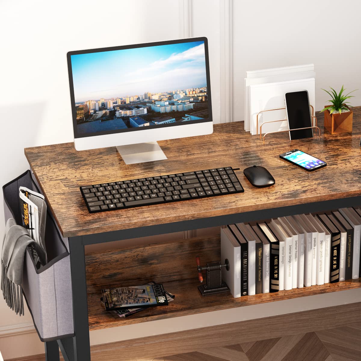 DKLGG 43 Inch Small Computer Desk - Modern Home Office Laptop Study Table for Small Spaces with Storage Bag & Headphone Hook, Rustic Brown - Perfect for Remote Work, Online Classes & Gaming Setup