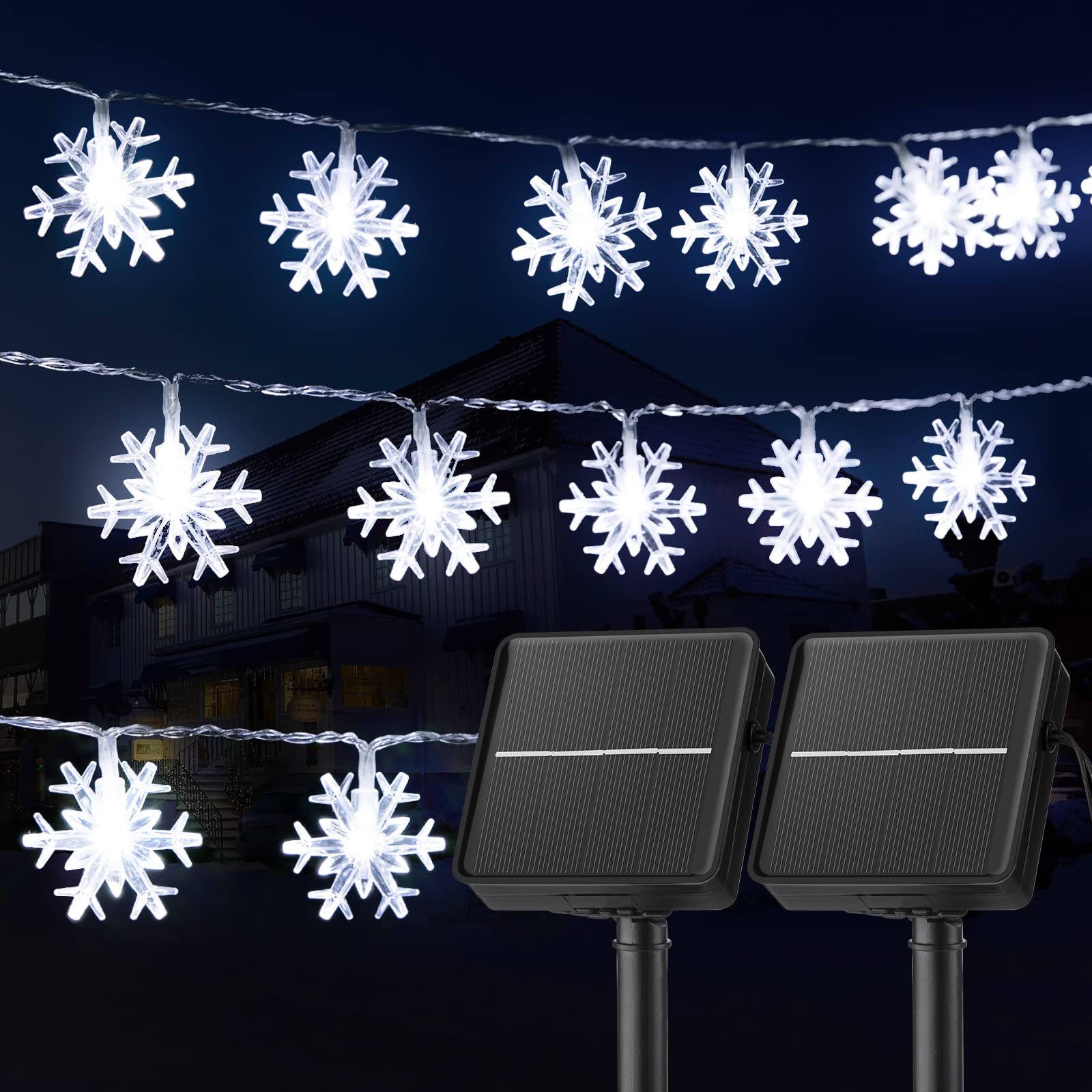 2 Pack 100 LED 62 Ft Solar Christmas Snowflake String Lights - Outdoor Waterproof Fairy Lights with 8 Lighting Modes - Perfect for Wedding Decorations, Party Lighting, Christmas Tree Decor, Room Ambiance, Garden Illumination, Patio Lighting, Yard Decor, and Home Decoration in Pure White