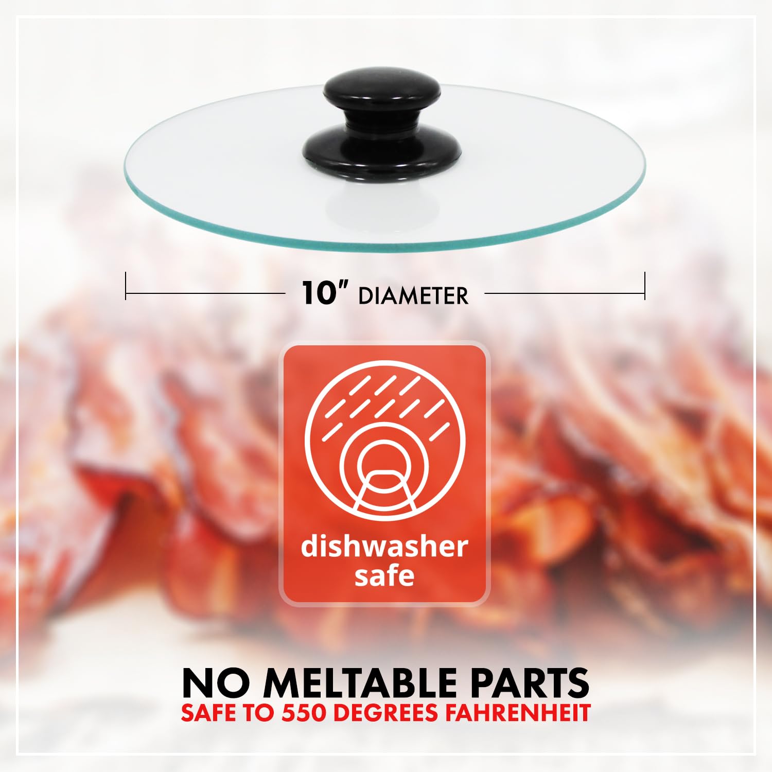 10 Inch Round Tempered Glass Bacon Press & Splatter Shield by Northwest Enterprises - Perfectly Cooked Flat Bacon Every Time for Breakfast, Burgers & Sandwiches