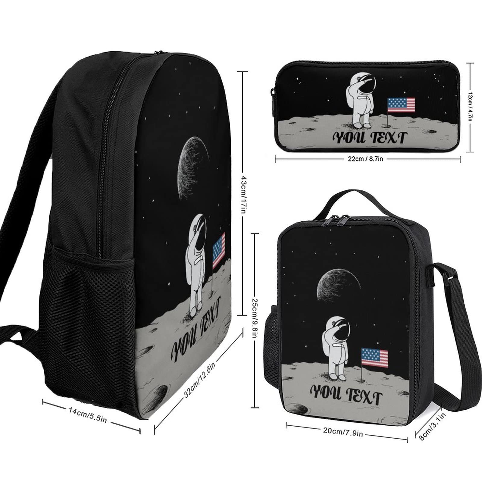 Custom Personalized Astronaut Moon Backpack Set - 3-Piece School Bag with Lunch Box & Pencil Case for Boys & Girls | Unique Name Embroidery | Space-Themed Bookbag for School, Travel & Outdoor Adventures