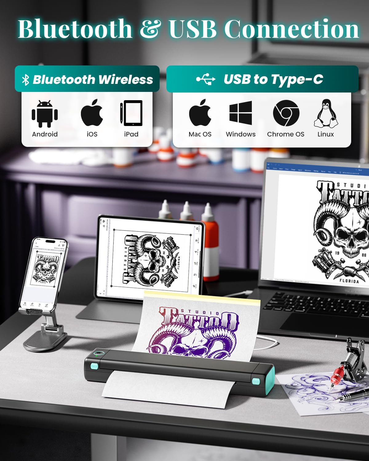 Phomemo M08F Wireless Tattoo Stencil Printer Machine - Thermal Tattoo Printer for Professional Artists | Smartphone, Tablet & PC Compatible | Includes 10pcs Transfer Paper (Black & Green) | Perfect for Tattoo Studios, Home Use & Traveling Artists