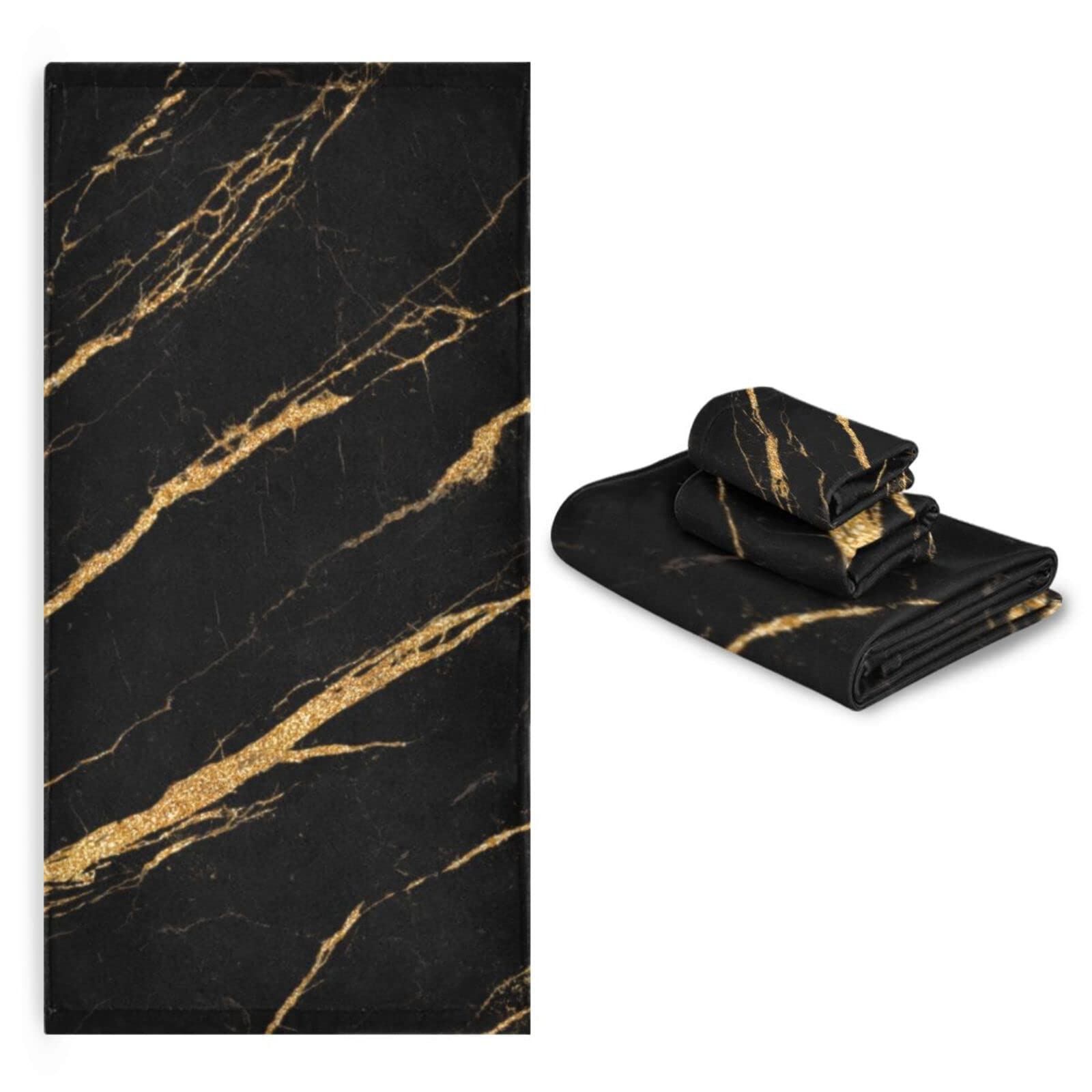 ALAZA 3-Piece Luxury Bath Towel Set - Black Marble Gold Fluid Print, Super Soft & Absorbent - Includes 1 Bath Towel, 1 Hand Towel, 1 Washcloth - Perfect for Bathroom, Beach, Gym & Spa Decor
