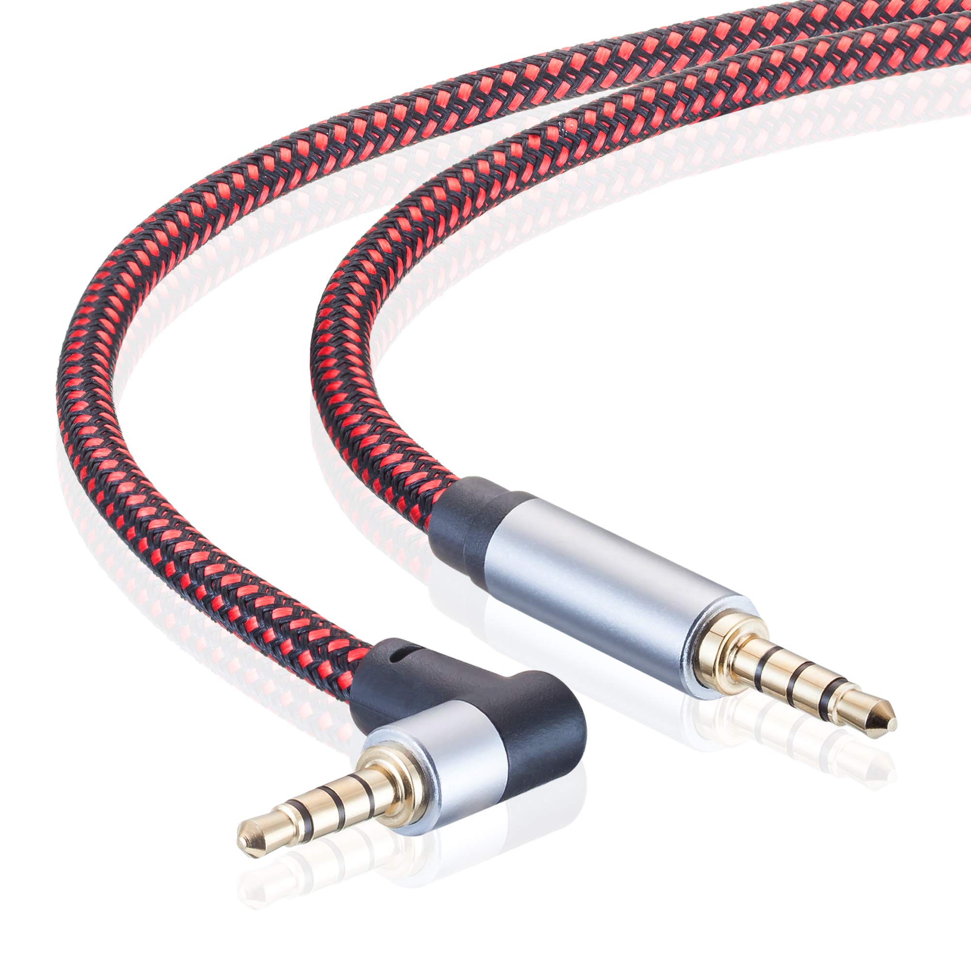 25Ft Male to Male TRRS 3.5mm Audio Cable - 90 Degree Nylon Braided Stereo Auxiliary Cord for Headphones, Gaming Headsets, Smartphones, Tablets, PS4, PC & Laptop - Perfect for Gaming, Music Streaming & Home Theater Systems