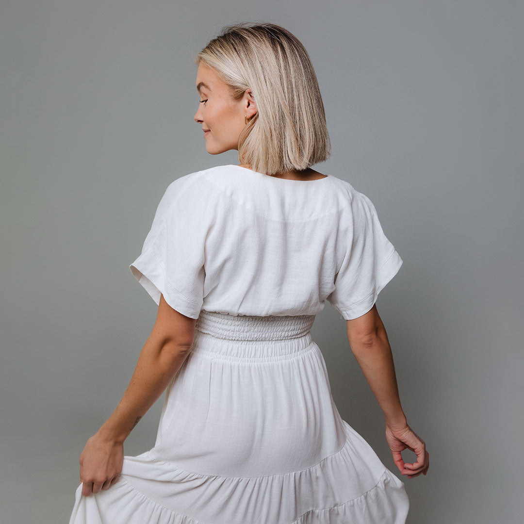 Coastal Crop Top in Cream - Women's Casual Short Sleeve Shirt for Beach, Summer Outfits & Boho Style Fashion