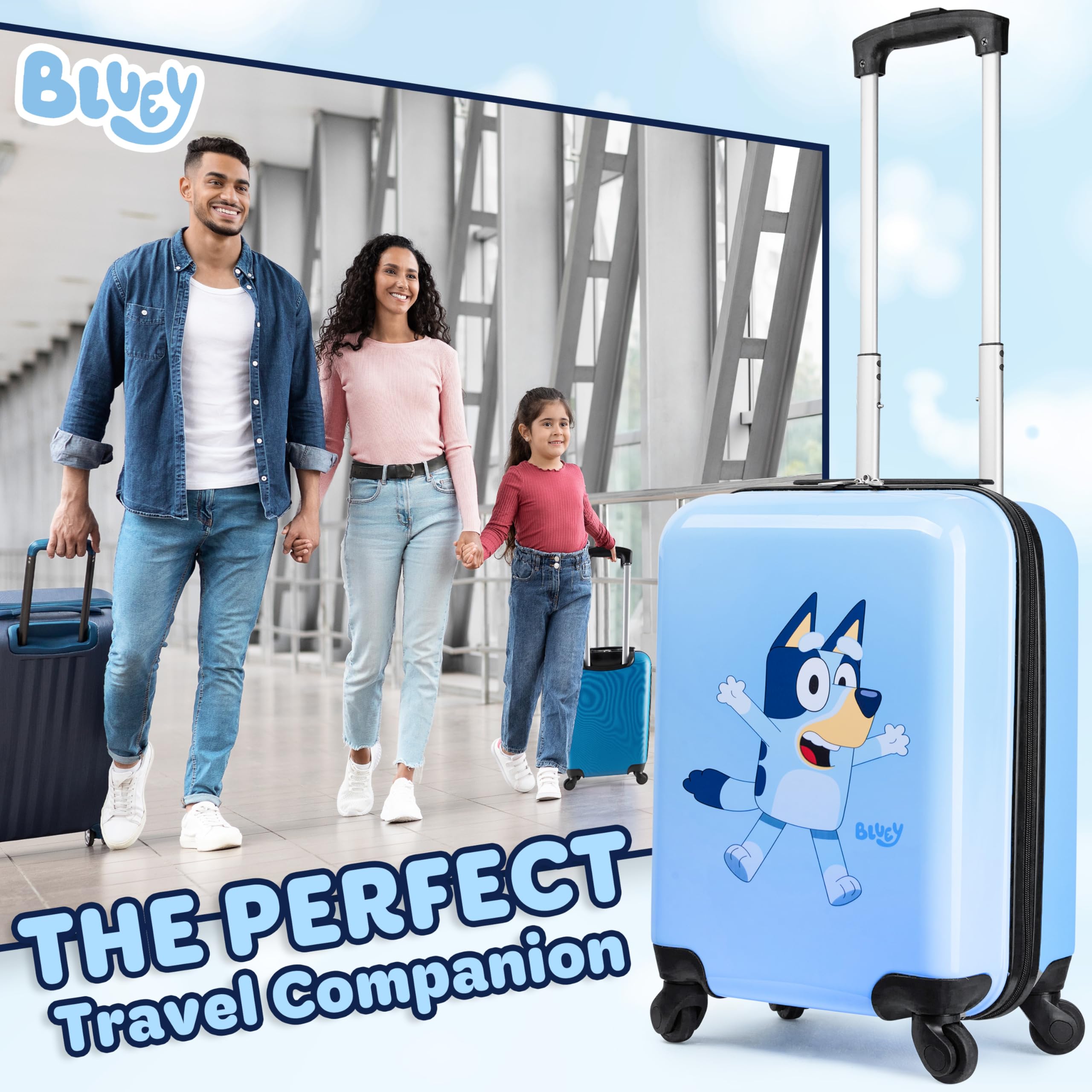 Bluey Kids Luggage with Wheels | Lightweight Carry-On Suitcase for Children | Perfect for Air Travel, Road Trips & Sleepovers | Durable Spinner Travel Bag for Boys & Girls