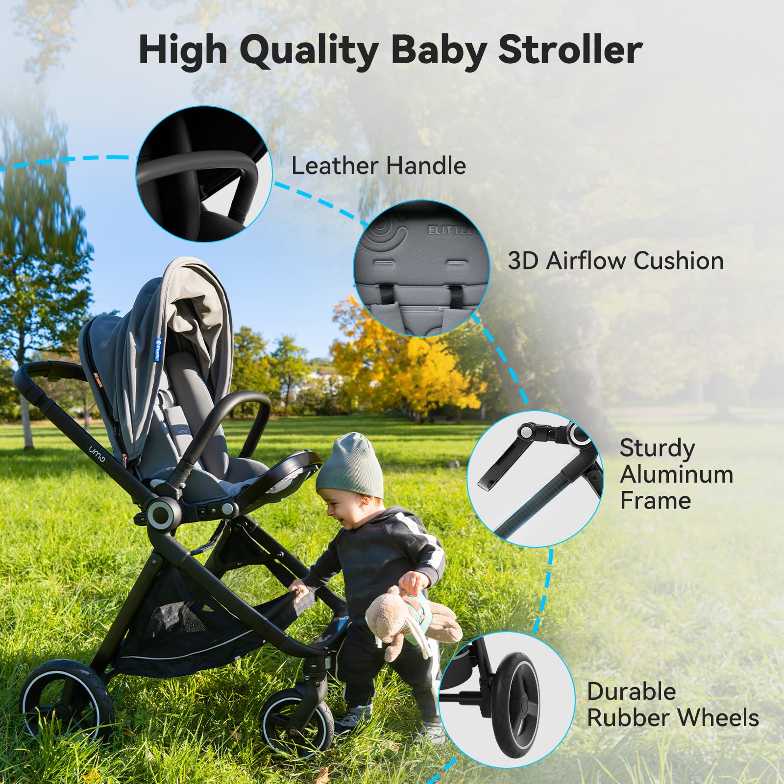 EMU Reversible Baby Stroller - Full-Size Infant Stroller with Reversible Seat & Full Recline | Compact Foldable Pram Carriage for City & Outdoor Use | Perfect for Shopping, Travel & Daily Walks (Black)